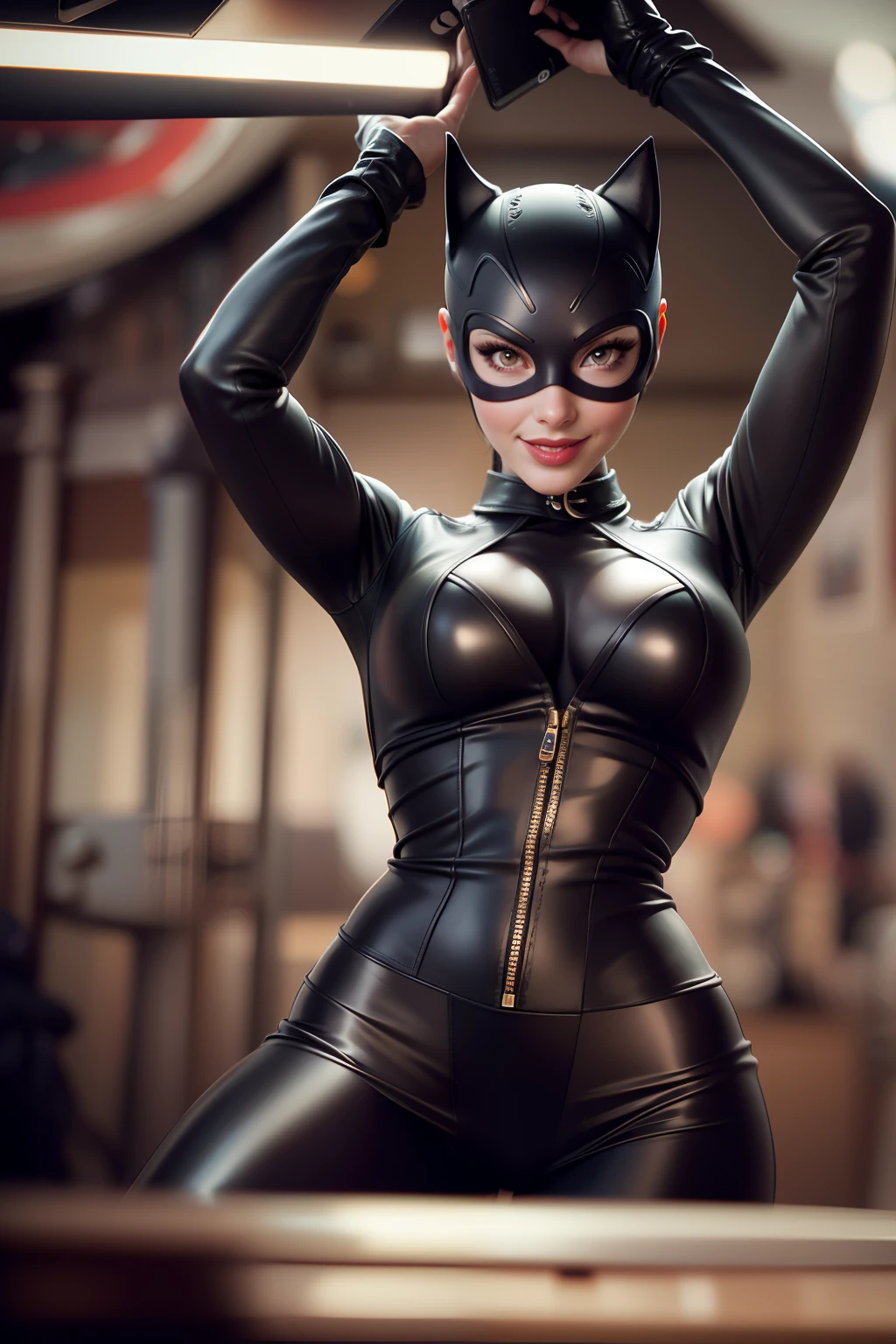 catwoman, Portrait photo by Altgarm, realism style, Glowing skin, Cartoon hero, Natural light, Defined lips, Strong physical strength, Feminine body, Full body, viewer, (Smile:1.2), Depth of field f/1.8, studio shot, (((looking in camera))), Camera orientation, ellen von unwerth, (Sexy Pose:1.5))