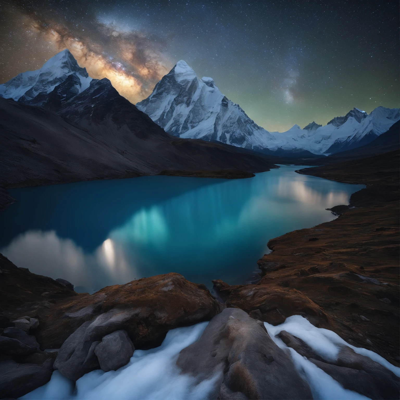 Master Parts、Superior Quality、superior image quality、The 8k quality、Beautiful pictures of the starry sky、magnifica、Arched Milky Way:1.9、Mount Everest、snow mountains、blue river