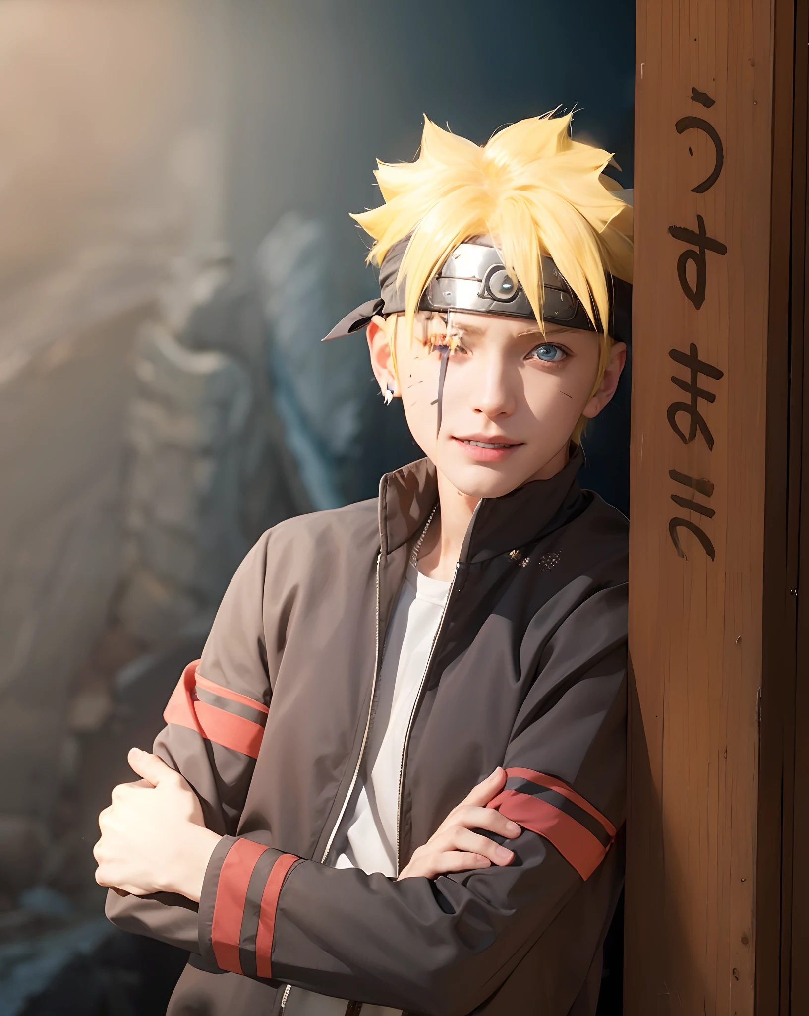1male, boruto in anime boruto, short hair , yellow hair, blue eyes, handsome, smile, black clothes, realistic clothes, detail clothes, beach city background, ultra detail, realistic