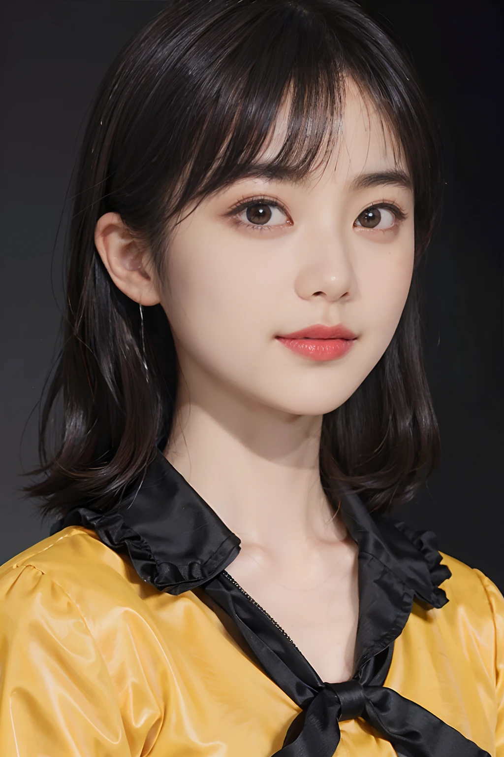 ((1womanl)), (((Black-short-hair))), (masuter piece:1,3)、top-quality、masterpiece、hight resolution、Original、highly detailed wallpaper、JINS、Large ribbon, (A slight smil)、a small face、((breast))、(Tiger T-Shirt)、Yellow and black color、(light on face)、Live-action style, Beautiful facial features, darkened room,