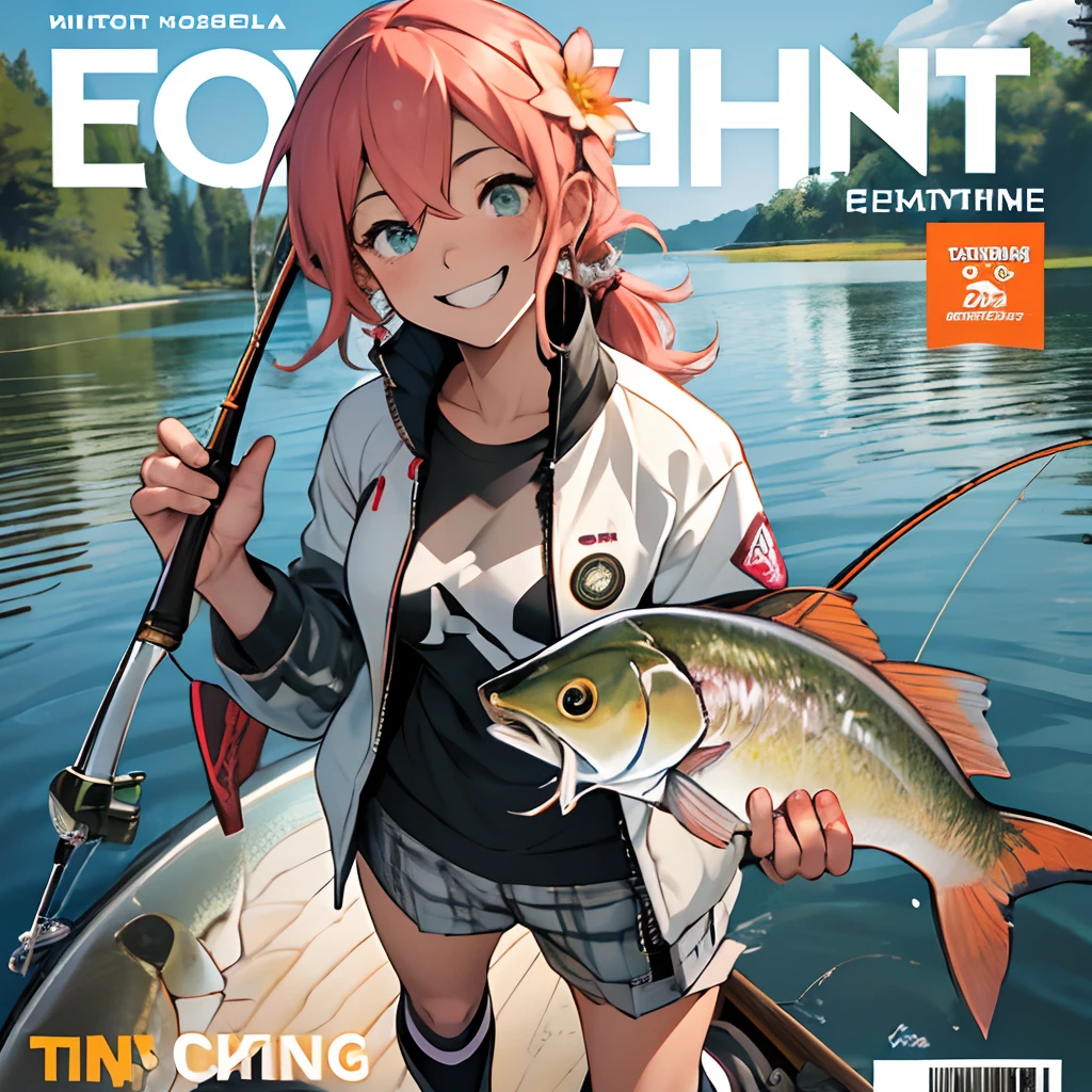 (Cover of a fishing magazine:1.4){{{{{masutepiece,Best Quality,ultra-detailliert}}}}},Happy laughter,1 woman,Beautiful eyes,Cute face,Flint jacket and plaid shorts,Walking,holding flower bouquet,knee high socks,