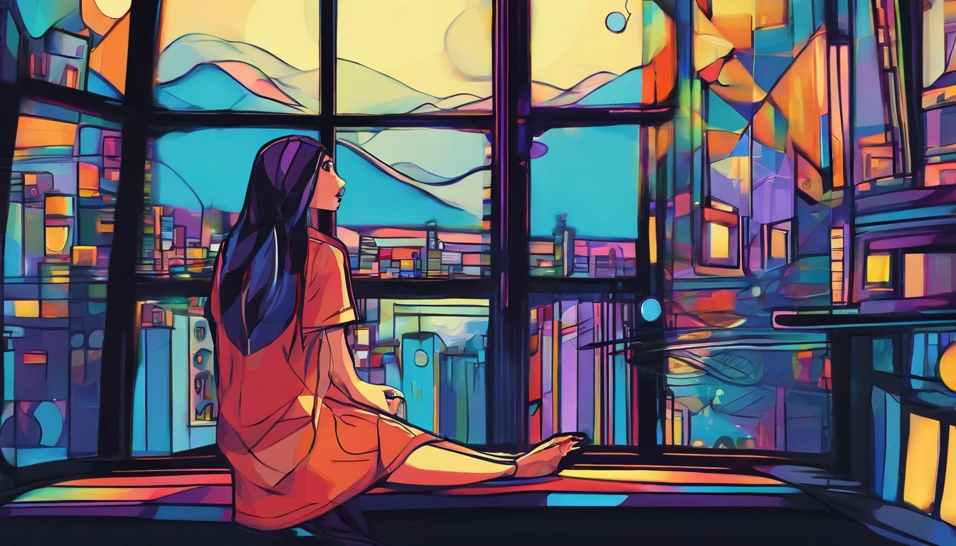 big size girl alone sit by window, dark room, night, anime