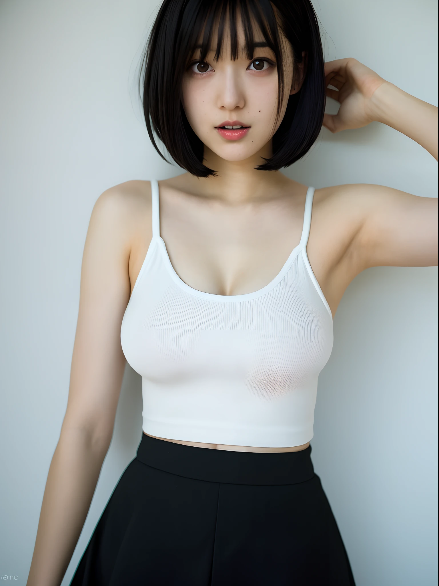 1 girl, Colossal tits, White tank top, Black Short Miniskirt,Bob Hairstyles, Smooth armpits, 18 year old Japanese girl, 超A high resolution, 70mm lens、all-fours
