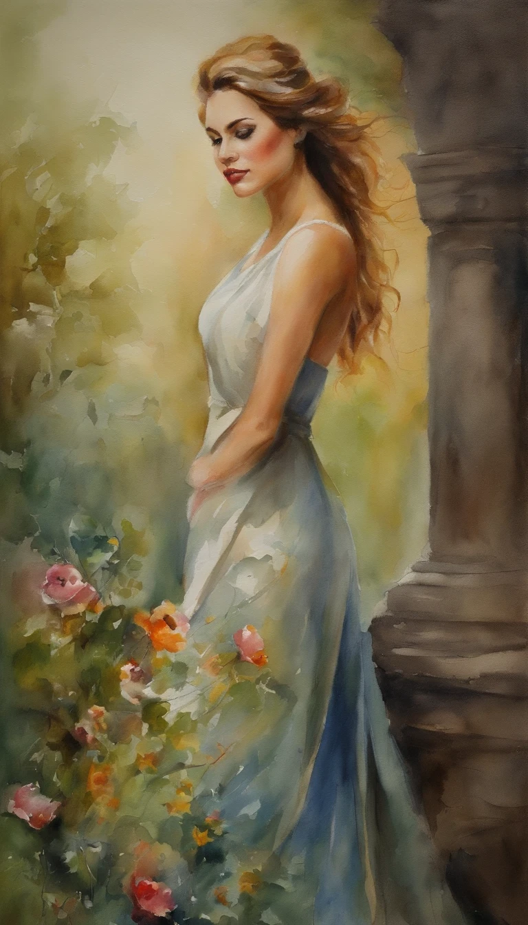 A naked girl in a garden, oil painting, vibrant colors, soft sunlight, blooming flowers, a hidden path leading to a small bridge over a pond, butterflies fluttering around the girl, a gentle smile on her face.
