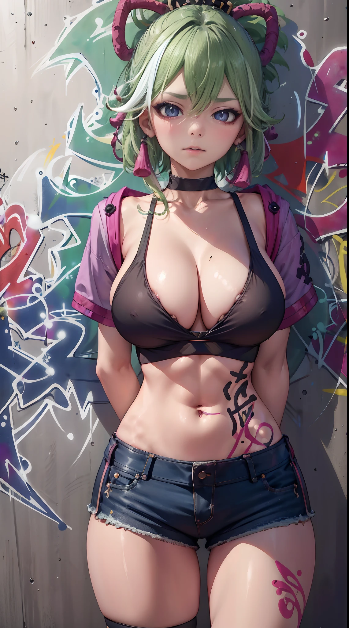 Kuki Shinobu Genshin Effect, masterpiece, bestquality, 1girls, oversized breasts, bara, crop top, shorts jeans, choker, (Graffiti:1.5), color splashes, arm behind back, against wall, looking at the audience, bracelet, Thigh strap, Paint on the body......................................., Head tilt, bored, multicolored hair, water eyes, headset,