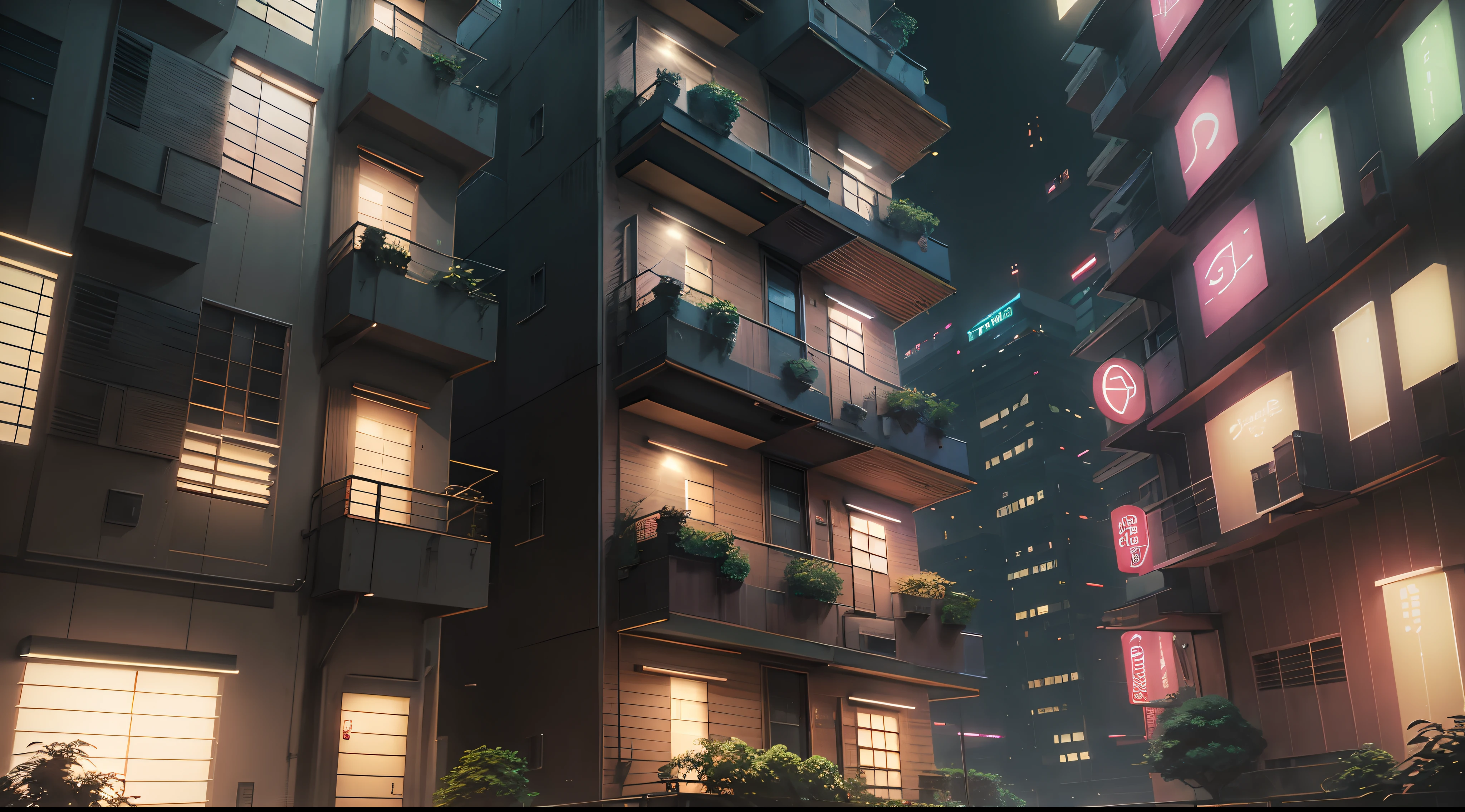 An apartment in the middle of the city of Japan, facing the building, greenery around the city streets, tall buildings, signs, warm lights, indicating a very special apartment. (best quality,4k,8k,highres,masterpiece:1.2), ultra-detailed, (realistic,photorealistic,photo-realistic:1.37), HDR, UHD, sharp focus, professional, vivid colors, landscape, anime, photography, (modern, traditional) style, (calm, colorful) color palette, (ambient soothing) lighting, perfect for a thumbnail