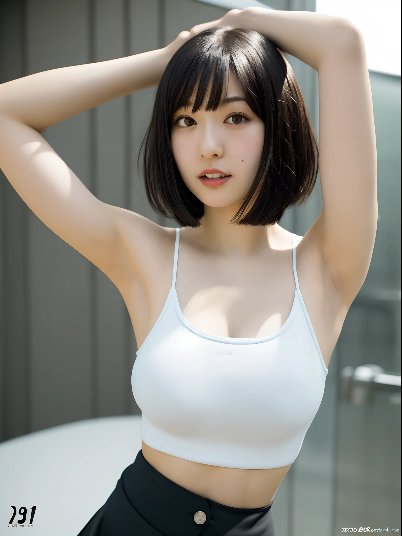 photo realistic1.4、((top-quality、8K、​masterpiece：1.5))、foco nítido：1.2、dynamicposes、cleavage of the breast、perspiring、A smile、girl with、独奏、musculature、Abdominal resection Brown hair cut、Sportswear(Wetty:1.4)、Detailed eyes and skin、Impressive shadow quality,8K,超A high resolution:1.2),(Cut girl s),(Huge breasts), 14years,ior high -hair:1.5),Delicate body