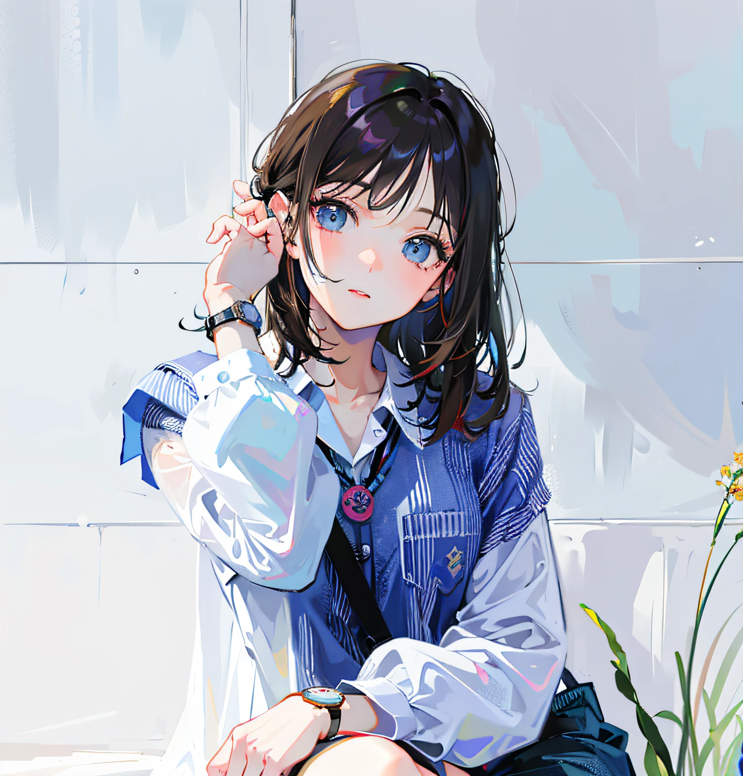 (Realistic painting style:1.0), masterpiece, best quality, absurdres, comic, illustration,
1girl, long hair, cute girl, young and cute girl, korean girl,
a gitl with a watch on her wrist, with short hairgorgeous young korean woman, pastel blue,