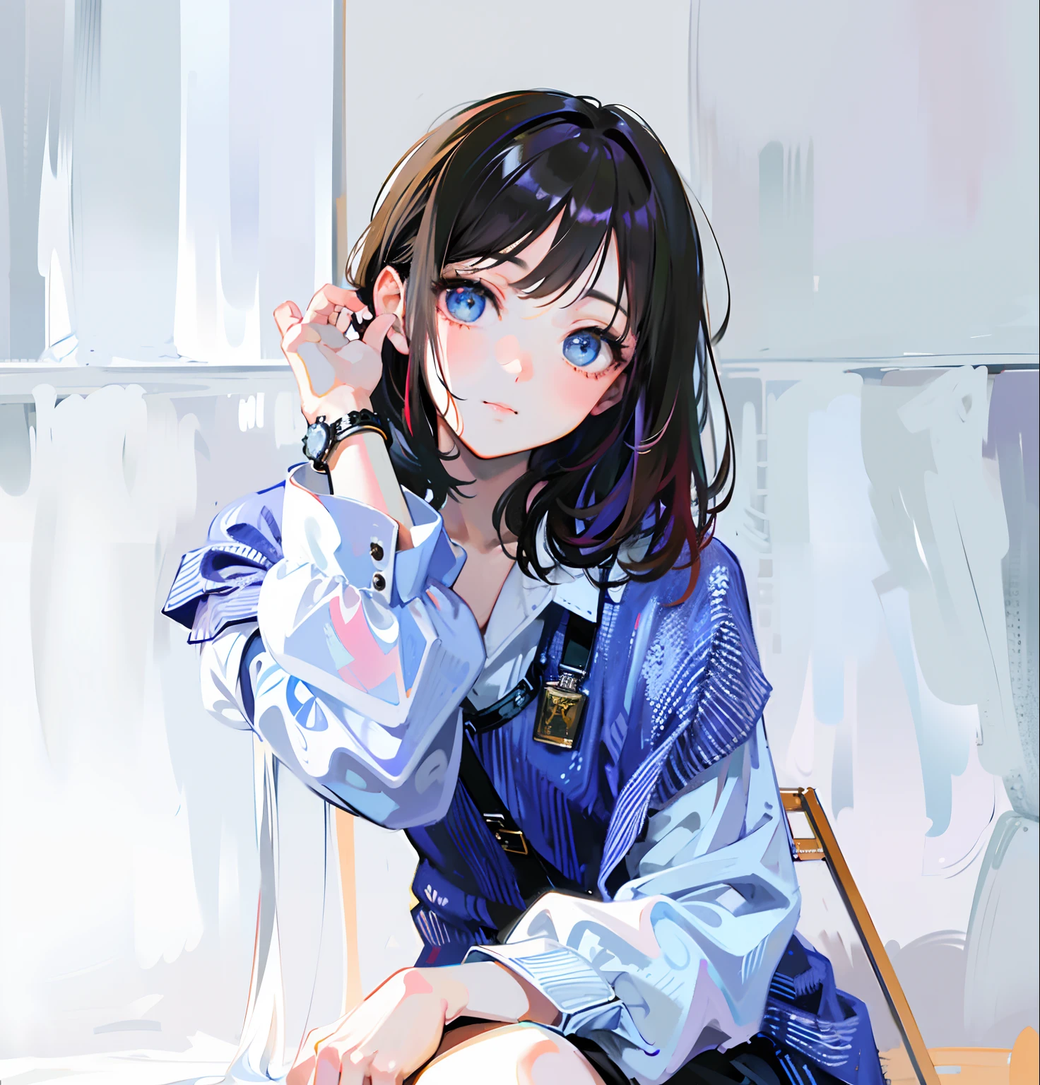 (Realistic painting style:1.0), masterpiece, best quality, absurdres, comic, illustration,
1girl, long hair, cute girl, young and cute girl, korean girl,
a gitl with a watch on her wrist, with short hairgorgeous young korean woman, pastel blue,