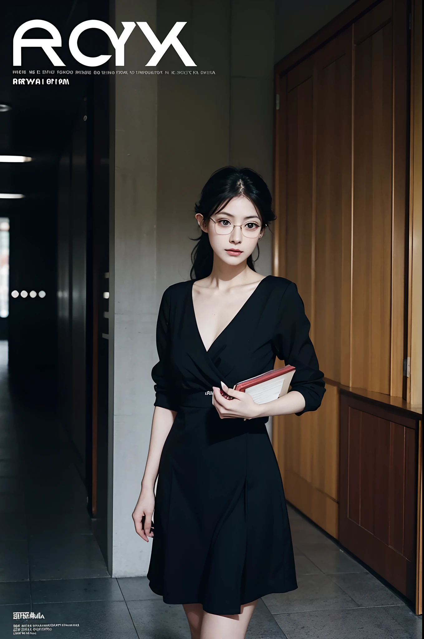 there is a woman in a black dress holding a book, freya, betty la fea, artey freytag, eva elfie, eva, cover magazine, cover shot, seifuku, by Hiroyuki Tajima, rebecca sugar, by Maeda Masao, official prada editorial, promo image, nerdy, cover, ryuta ueda artwork