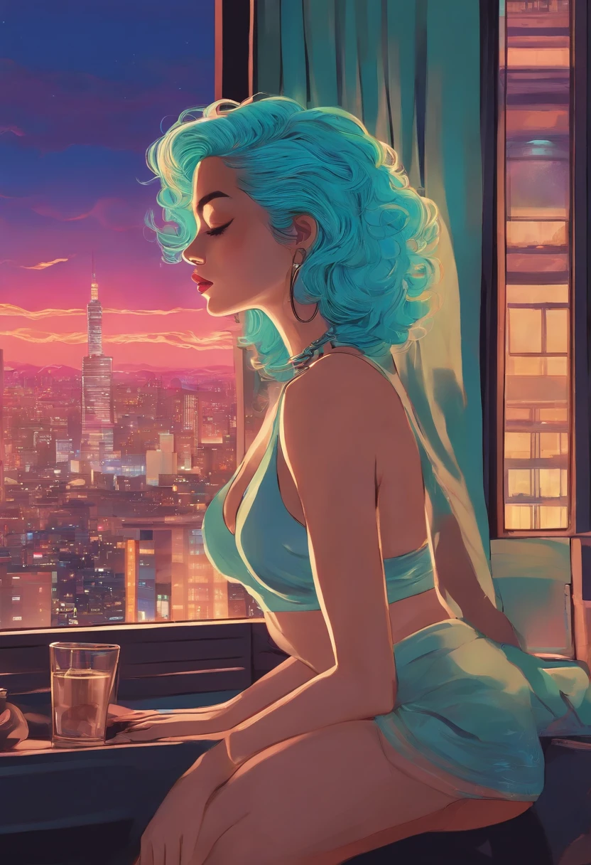"Create an illustration of a woman relaxing on a bed. She has long turquoise-blue hair. Outside the window, you can see the neon streets of Tokyo, and neon lights are streaming in through the window. The style should be anime-inspired with an 80s city pop vibe. She should have a quirky, charismatic personality, a dreamy aura, and a sense of floating. Think 80s pop fashion, city pop, backlit style, and neon lights."