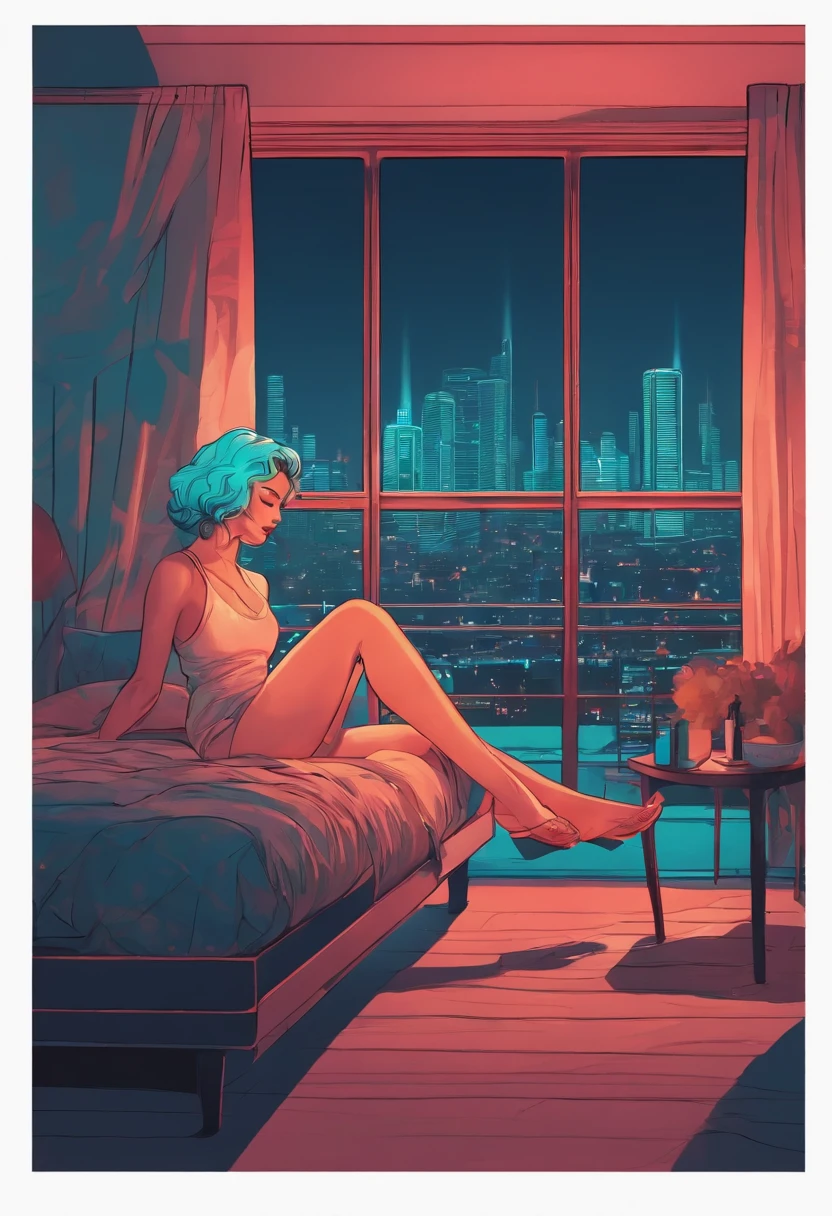 "Create an illustration of a woman lying on a bed, propped up on her elbow, gazing in this direction. She has a gentle expression in her eyes, long turquoise-blue hair. Outside the window, you can see the neon streets of Tokyo, and neon lights are streaming in through the window. The style should be anime-inspired with an 80s city pop vibe. She should have a quirky, charismatic personality, a dreamy aura, and a sense of floating. Think 80s pop fashion, city pop, backlit style, and neon lights."