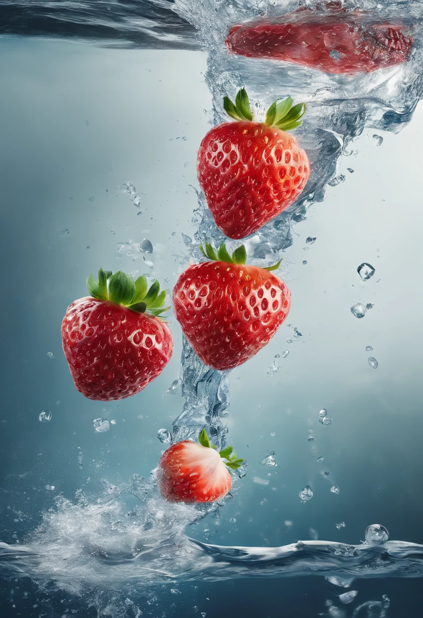 cinematic RAW photo,foto ultra real,Ultra foto Realsisim,Digital SLR,soft lighting,Product photo of 5 strawberries falling into the water、Drippy、Splash clear liquid、water bloom,dynamic compositions,(master part) (best quality) (circunstanciado) (Cinematic lighting) (foco nítido) (intrincado), master part, best quality, ultra-highresolution, 8k UHD