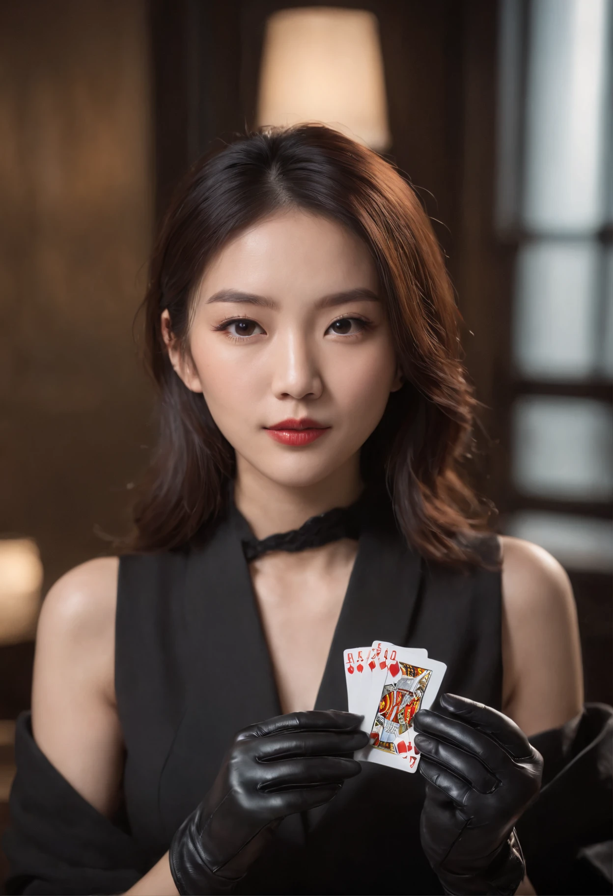 A young Japanese woman with a black suit up to a shirt and playing cards with black leather gloves on both hands