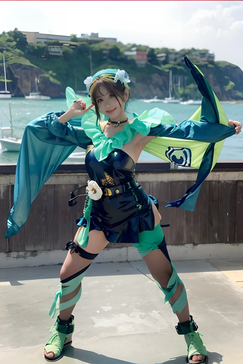 Idol in colorful marine fashion、large full breasts、Beautiful legs exposed、Green semi-long、、Good Style、、a miniskirt、Marine Look、Wearing a cute light green swimsuit、Light blue marine cap