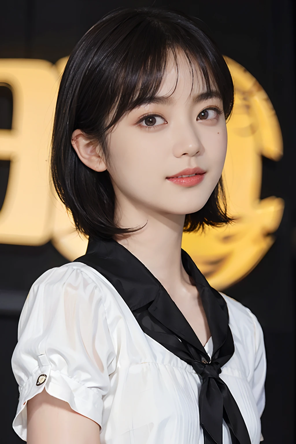 ((1womanl)), (((Black-short-hair))), (masuter piece:1,3)、top-quality、masterpiece、hight resolution、Original、highly detailed wallpaper、JINS、Large ribbon, (A slight smil)、a small face、((breast))、(Tiger T-Shirt)、Yellow and black color、(light on face)、Live-action style, Beautiful facial features, darkened room,