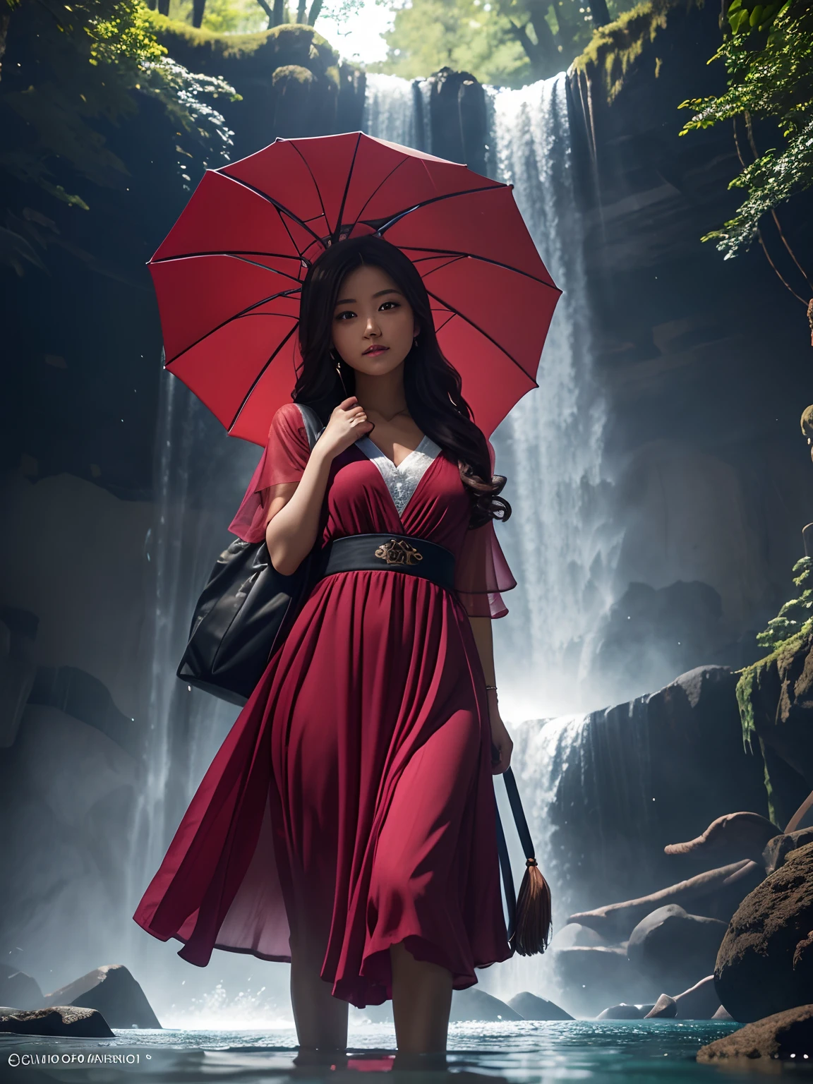 1 girl, standing in water, surrealistically beautiful young woman, in a colorful dress, Big Waterfall, Walk under the waterfall, Unearthly beauty, full - body, The character ratio is only 1/8, The surface of the lake, ((Big Grove)), Tyndall beam, 真实感, 电影灯光, ray traced, optical illusion, lens flares, 120 mm, f/1.2, Sony FE GM, Ultra HD, retina, tmasterpiece, ((tmasterpiece)), (very detail: 1.3)