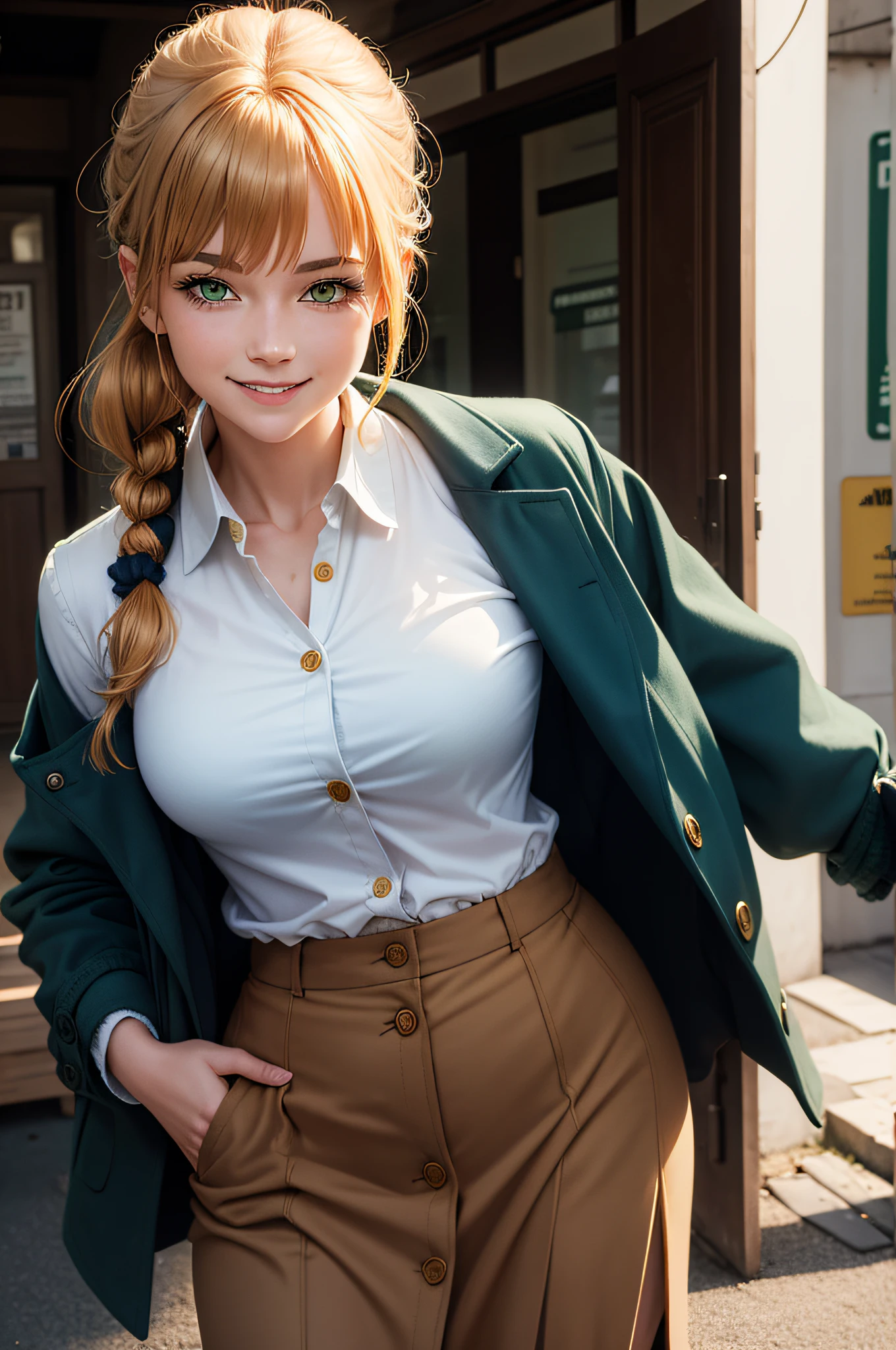 Boston woman, mid 20s, smiling, green eyes, white 'button' up shirt, blue woolen jacket, golden hair, brown skirt, hair locked in a ponytail, scrunchie visible