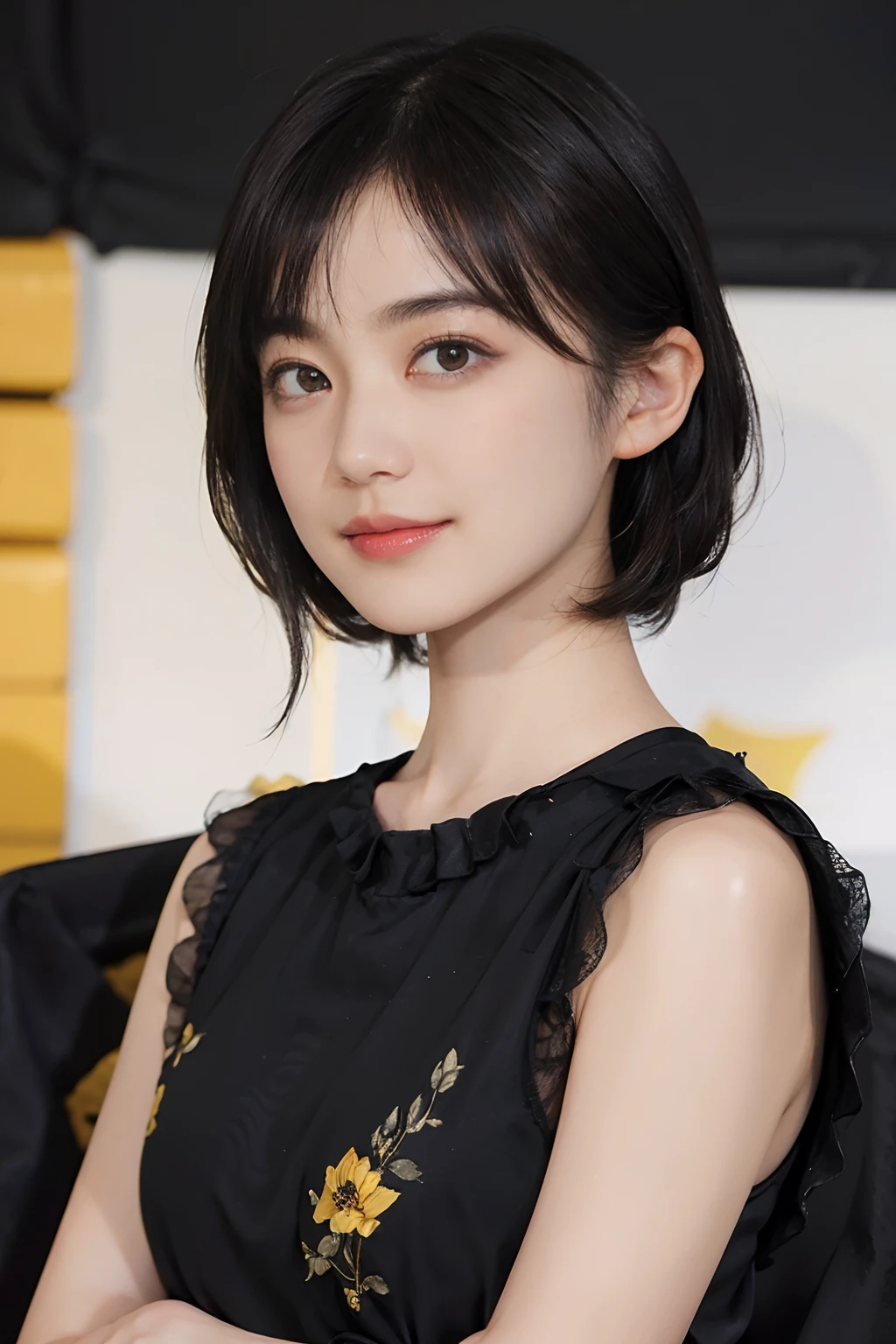 ((1womanl)),  (((Black-short-hair))), （masuter piece：1,3）、top-quality、​masterpiece、hight resolution、Original、highly detailed wallpaper、JINS、Large ribbon, (A slight smil)、a small face、((breast))、(Tiger T-Shirt)、Yellow and black color、(light on face)、Live-action style, Beautiful facial features, darkened room,