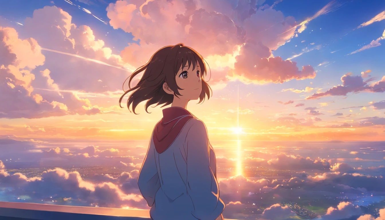 masterpiece, best quality, movie still, 1girl, cloud girl, floating in the sky, close-up, bright, happy, warm soft lighting, sunset, (sparks:0.7)