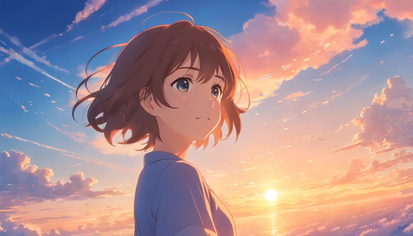 masterpiece, best quality, movie still, 1girl, cloud girl, floating in the sky, close-up, bright, happy, warm soft lighting, sunset, (sparks:0.7)