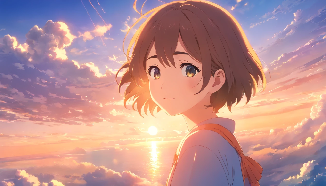 masterpiece, best quality, movie still, 1girl, cloud girl, floating in the sky, close-up, bright, happy, warm soft lighting, sunset, (sparks:0.7)