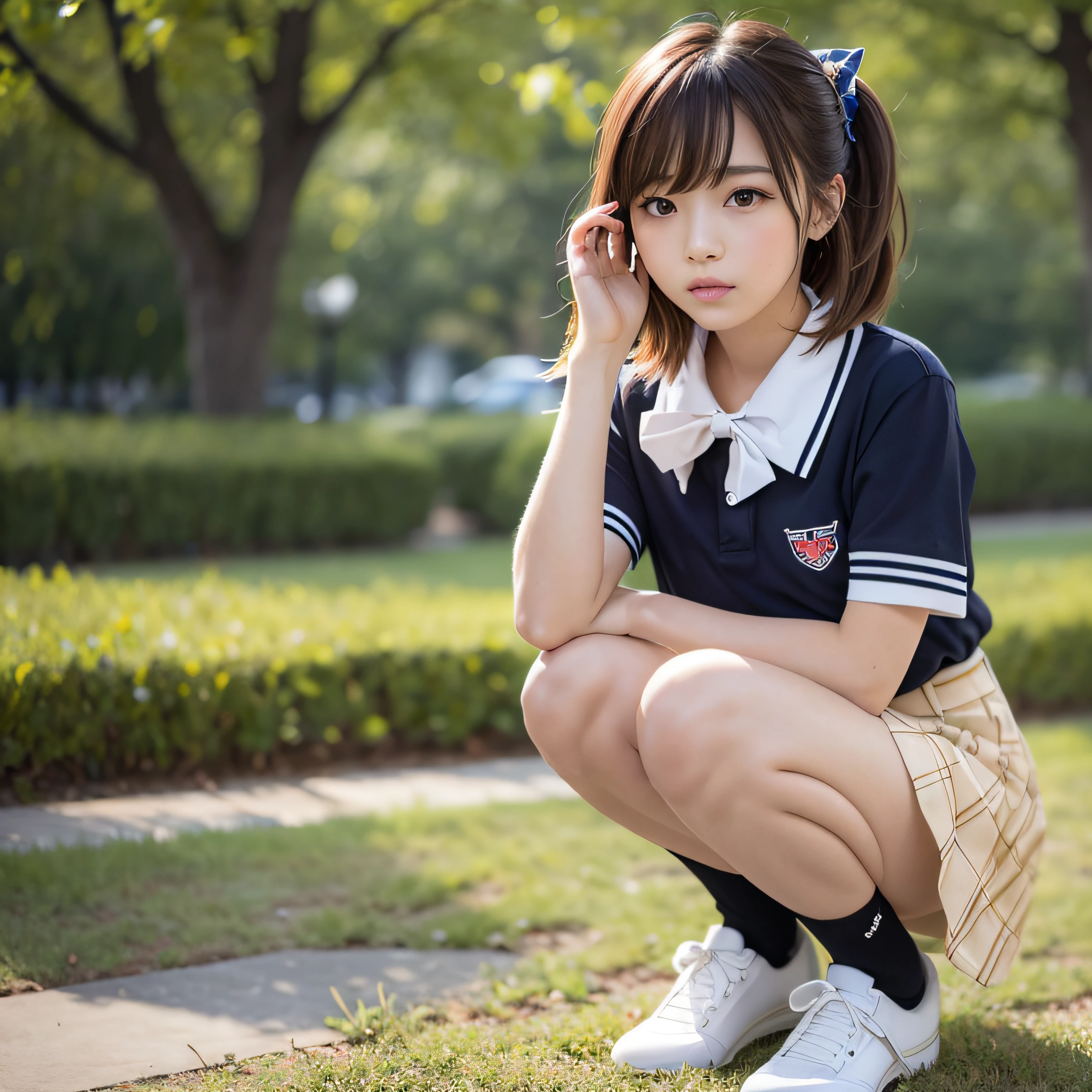 (Extremely delicate and beautiful: 1.2), 1girl in, fashi-girl, Bangs, Pretty eyes, Bow, Brown hair, Closed mouth, Sideways, hair between eye, Hair Bow, Short sleeves,a miniskirt、 Squat down and fix socks, Medium Hair, Solo, Upper body, School uniform: 1.3, ((Solo)), (masutepiece), Blonde girl