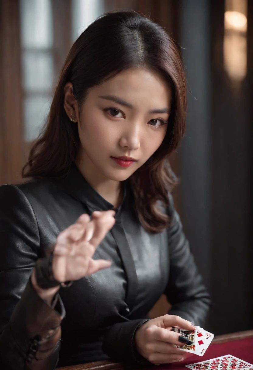 A young Japanese woman with a black suit up to a shirt and playing cards with black leather gloves on both hands