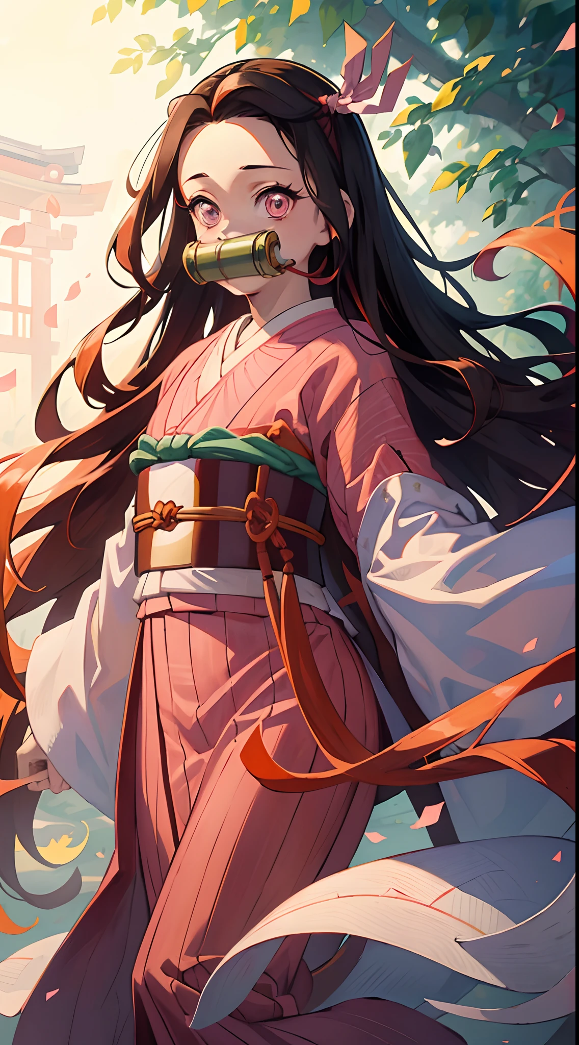 (((Masterpiece))), nezuko, 1girll, Bamboo, Bit Gag, Brown hair, checkered sash, gag, Gagged, Gradient hair, Hair ribbon, haori, Japanese clothes, komono, Long hair, view the viewer, multicolored hair, Orange hair, Pink eyes, Pink kimono, Pink ribbon, ribbon, Solo, Upper body,