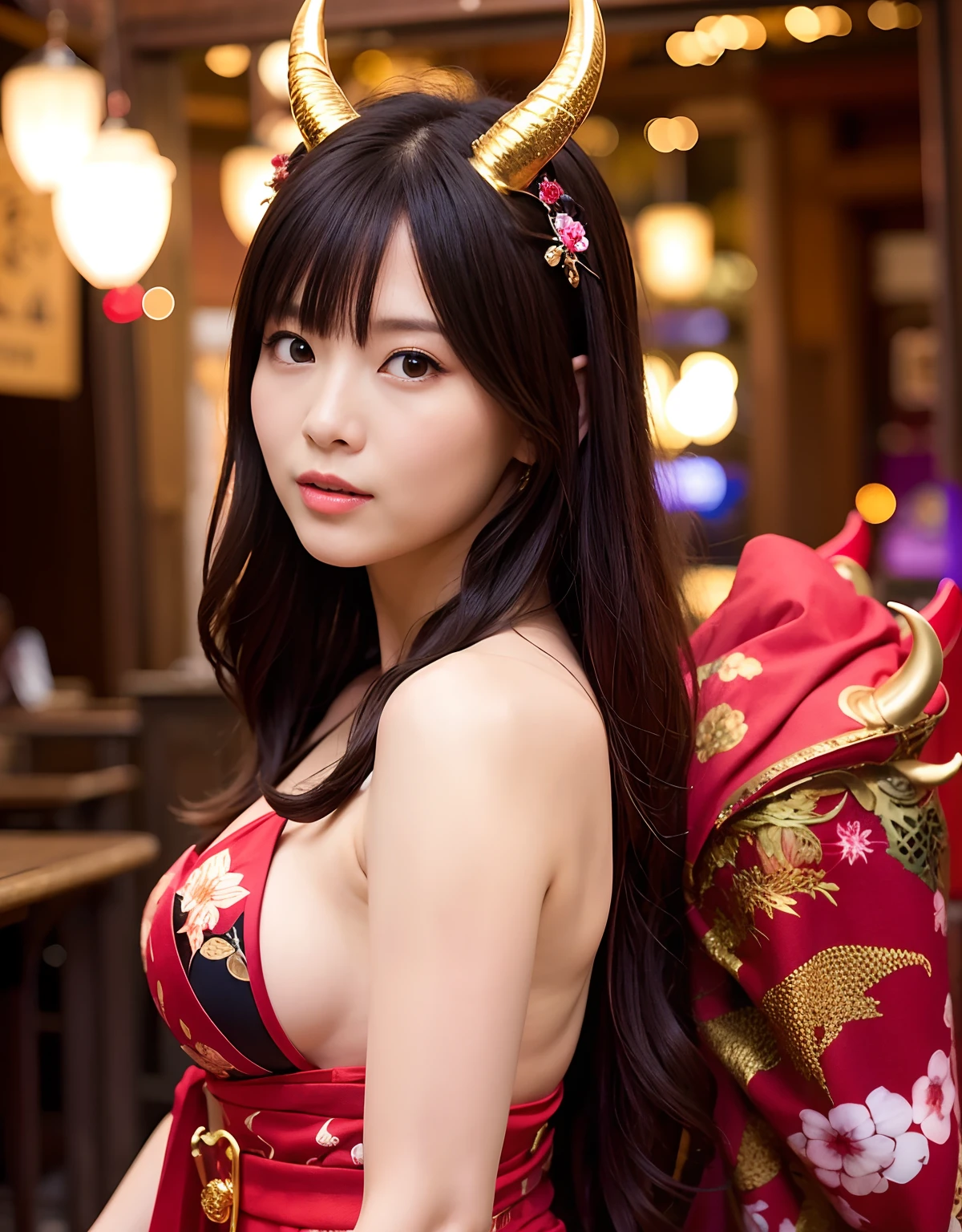((World of Darkness)),Professional , masterpiece、top-quality、photos realistic , depth of fields 、(sexypose)、(Background of cherry blossoms in full bloom),(Ultimate Beauty)、A dark-haired、()、(Kimono with beautiful pattern)、(Night background)、((Wearing a skeleton helmet)),(Wear a beautiful kimono),(Wear a beautiful kimono with colorful floral patterns)、Jewel Gold Weapon、Particles of light),(Has a devil's mask)、Gorgeous gold weapons ,Skeleton population、(( Gorgeous Dragon Sword)) , (a dark night),,(maikurobikini) 、((Black Haired Beautiful Girl))、(Castle background)、(demonic wings)、((Gangle's forest background))、Beautiful Caucasian beauty、1a person、dynamic ungle,(((Two devil's horns on the head)))、Smaller head、Idle Smile、Thin and beautiful female hands、Mystical expression、Light Effects、intense fighting、Wind-effect、magic circles、With the legendary magic wand、Dragon's tail、