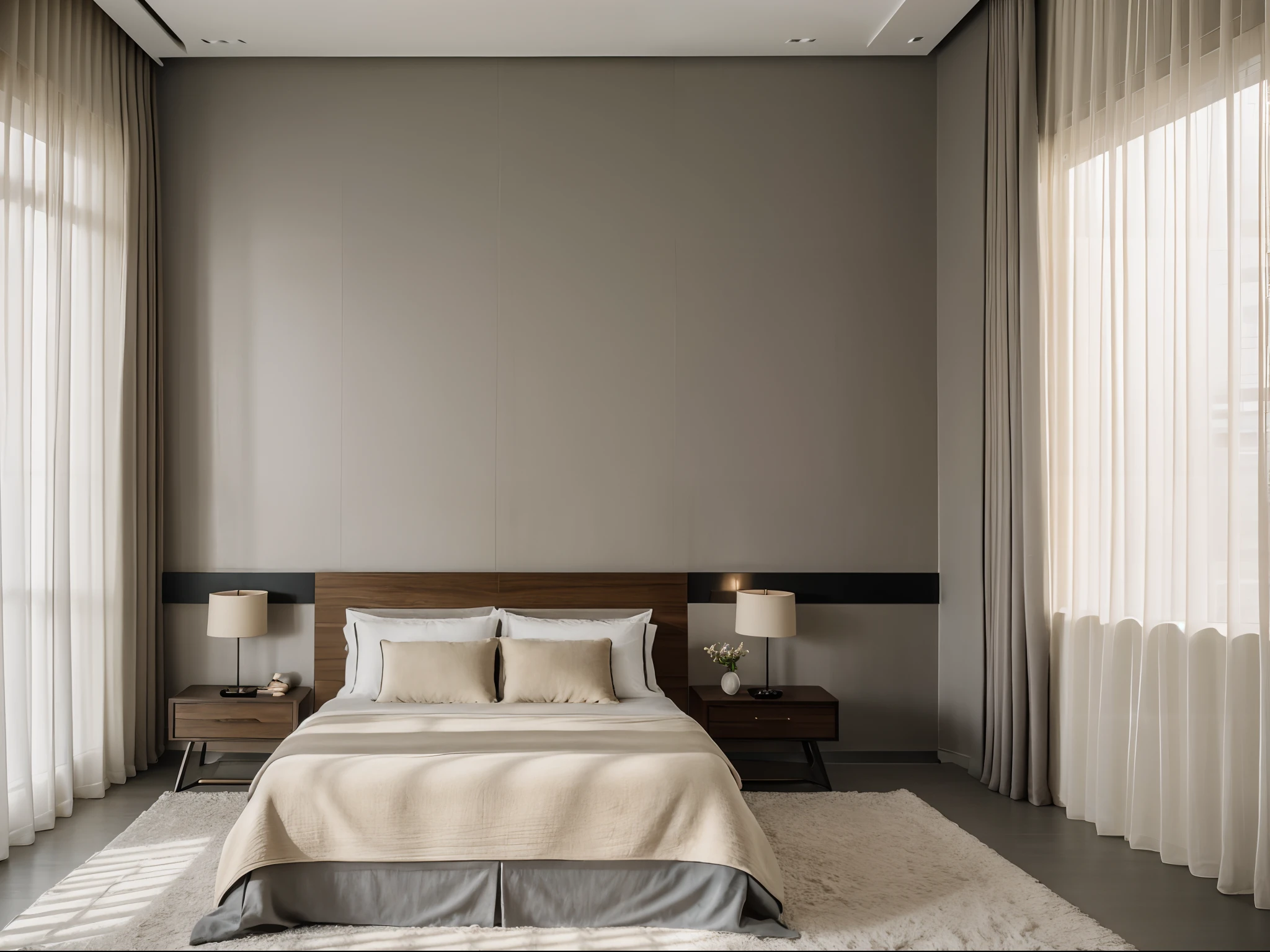 RAW photo, modern and luxurious bedroom of the villa, minimalist style, natural rendering, bedroom made of dark wood and granite, color scheme between beige and gray, with simple lines simplicity and geometric shapes, clean design, overall effect of peace and quiet, Cinematic lighting, artistic trends, studio photos, intricate details, luxury and spaciousness, beautiful, 8k uhd, dslr, soft light, high quality, film grain, Fujifilm XT3