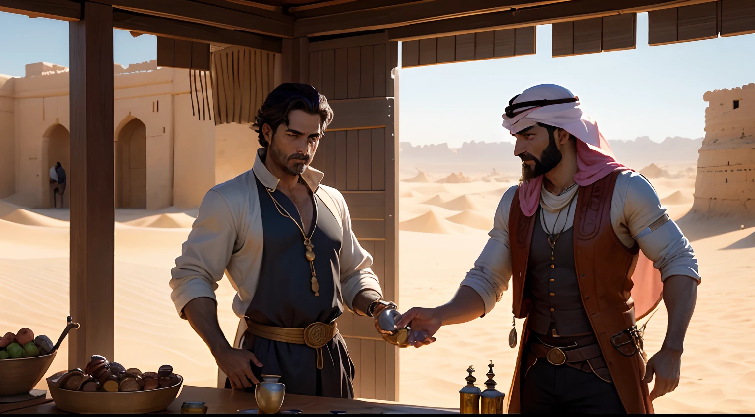 Arab merchant, Ancient times, PUTTING SOME COINS IN THE HAND OF ANOTHER TRADER, in the Arabian desert