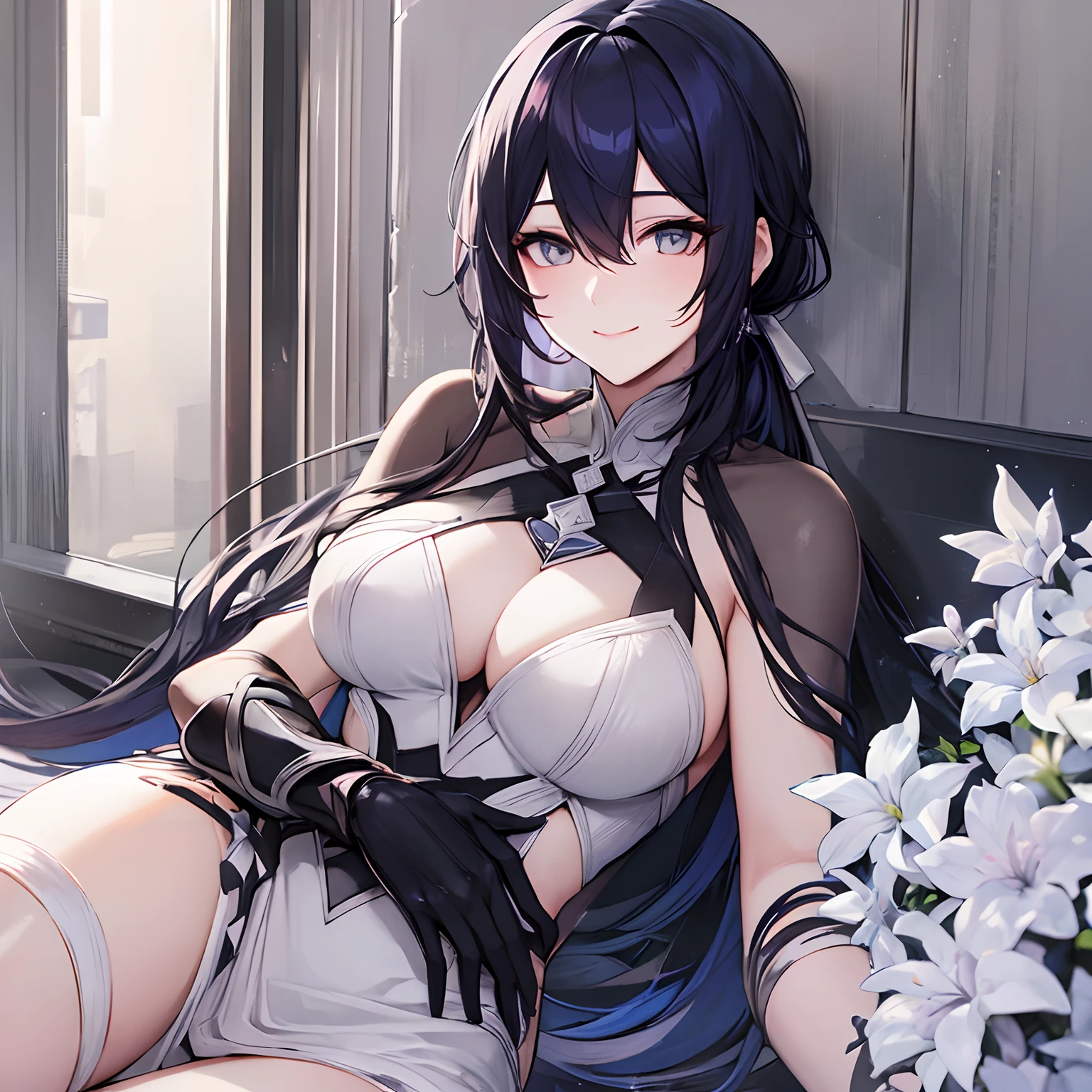 Woman, long dark blue hair gathered in a low ponytail, pale eyes, white combat dress with silver details and flowers, modernity, calm smile, full length