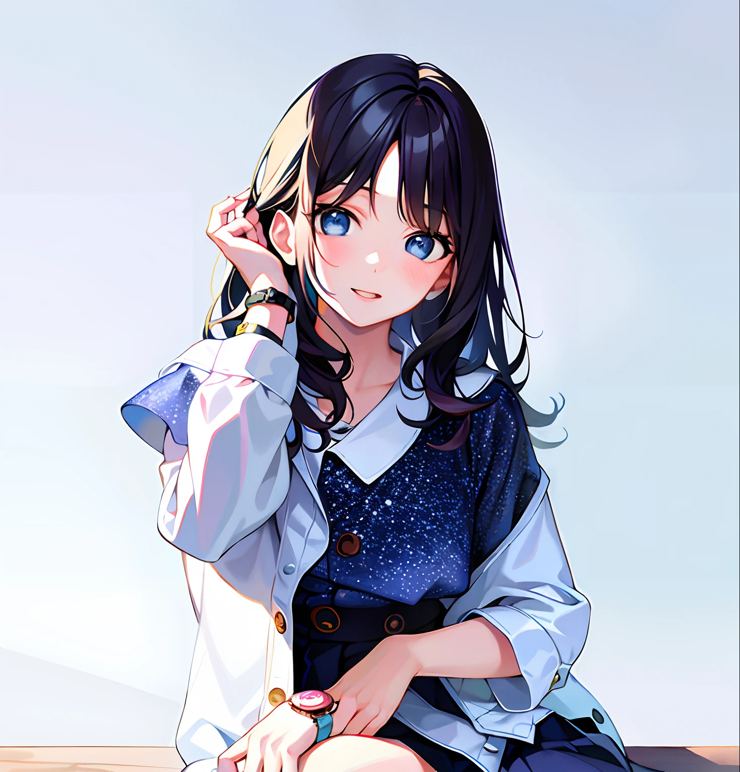 (Realistic painting style:1.0), masterpiece, best quality, absurdres, comic, illustration,
1girl, long hair, cute girl, young and cute girl, korean girl,
a gitl with a watch on her wrist, with short hairgorgeous young korean woman, pastel blue,
