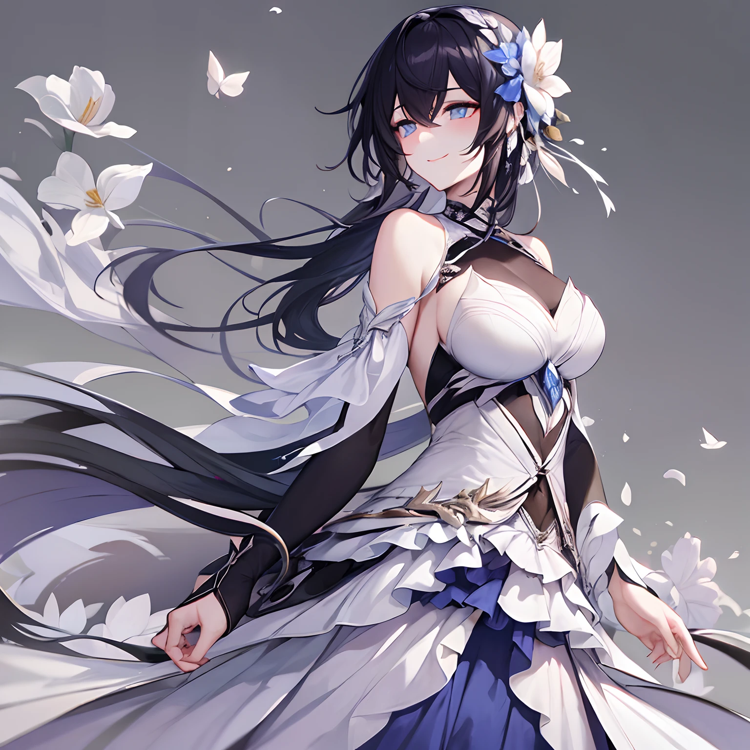 Woman, long dark blue hair gathered in a low ponytail, pale eyes, white combat dress with silver details and flowers, modernity, calm smile, full length