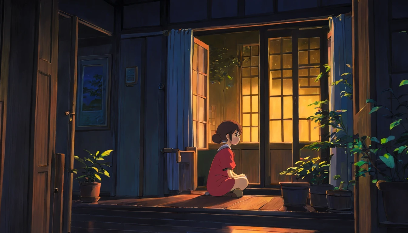 girl alone sit by window, dark room, night, anime