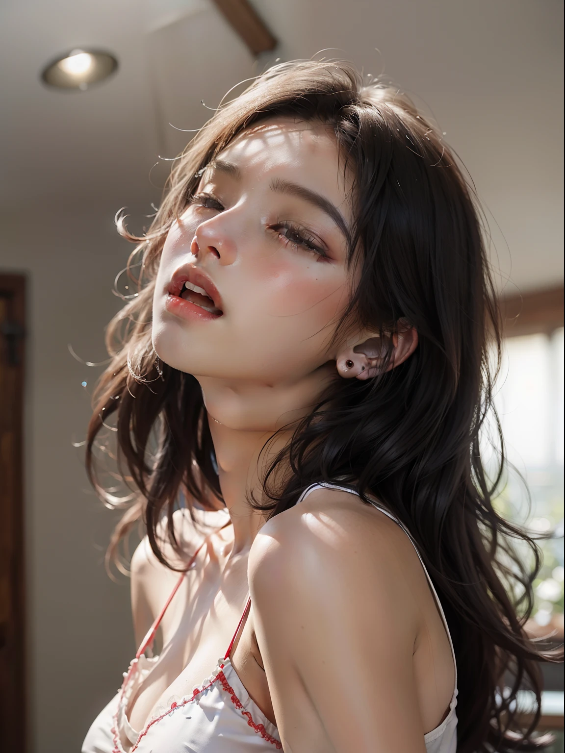 8yk、Raw photo、(masuter piece)、(top-quality)、Hi-Res、(girl with)、(realisitic、Photorealsitic:1.2), Upper body、Red camisole、Facing up、skinny、18year old、huge tit、Eyes closed、Deep sadness、Sorrow、look up sky、Open mouth、screeming、a room、Background blur