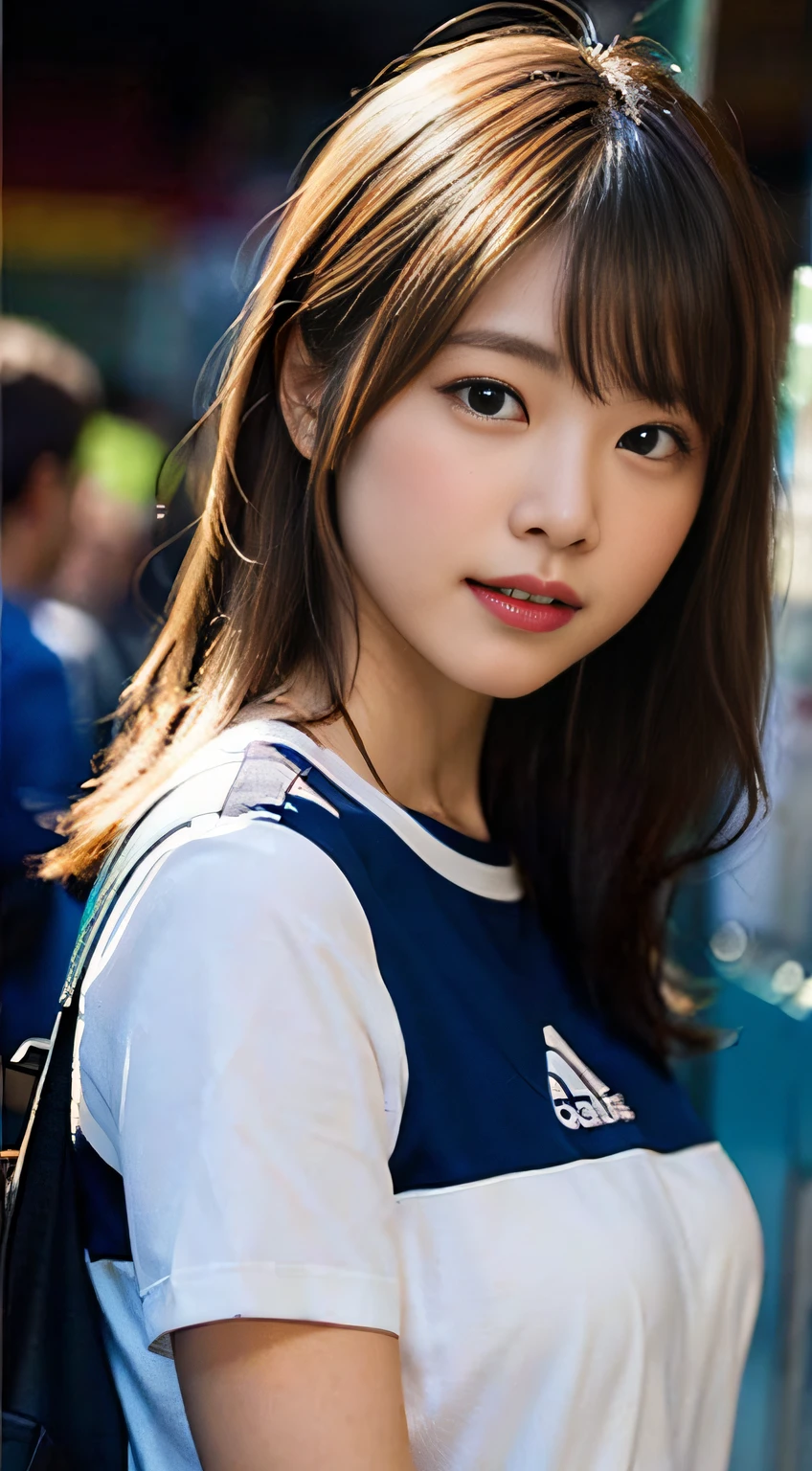 (8K、Raw photography、top-quality、masterpiece:1.2)、(realisitic、Photorealsitic:1.37)、ultra-detailliert、超A high resolution、女の子1人、see the beholder、beautifull detailed face、A smile、Constriction、(Slim waist) :1.3)、Shirts、Beautiful detailed skin、Skin Texture、Floating hair、Professional Lighting、The upper part of the body、Whole human body、Longhaire、a blond、Women's Marathon Uniforms、athletic field
