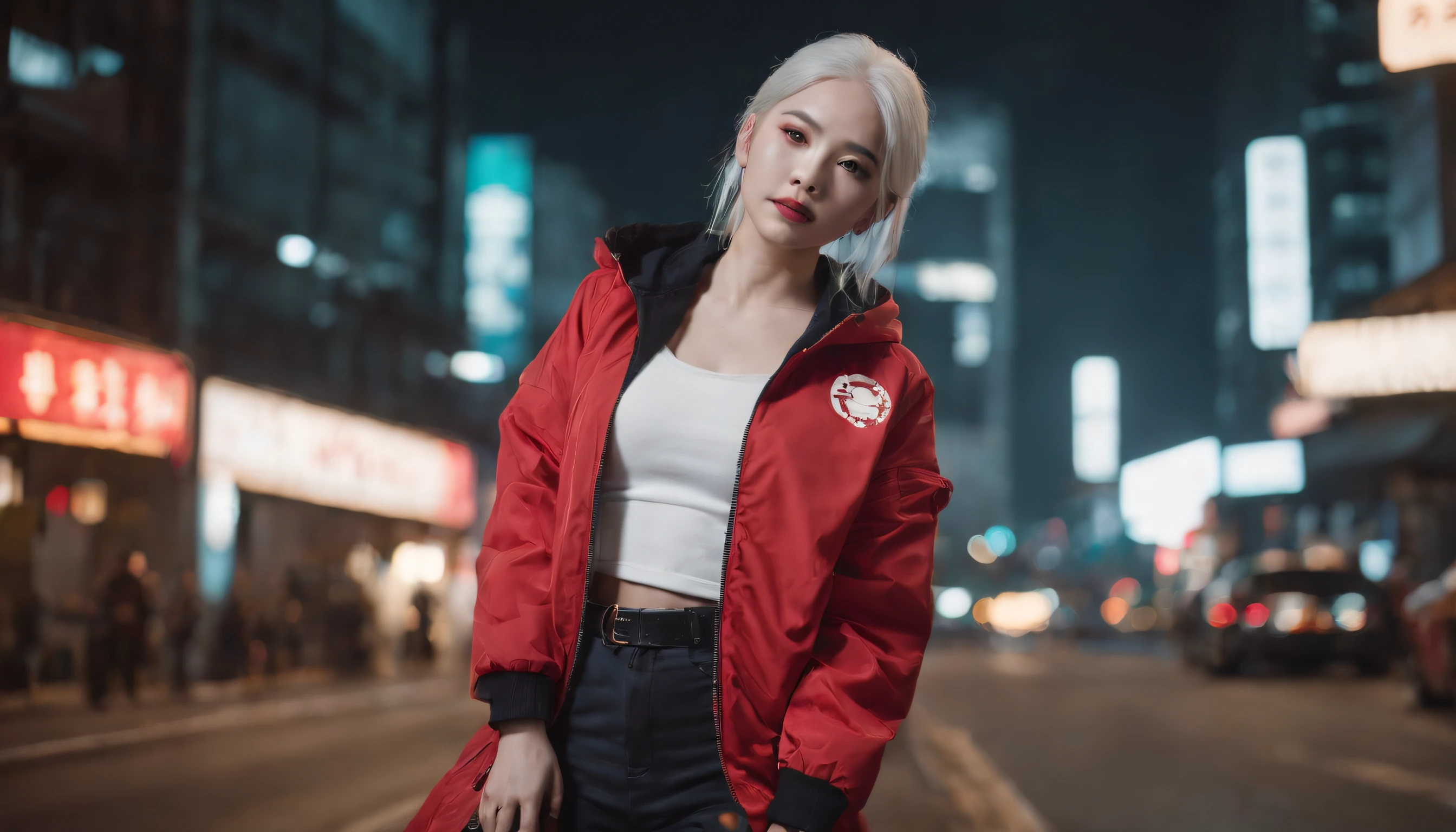 japanaese girl,pale skin,beatiful face(white colored hair)red jacket,Tokyo at night, with Cyberpunk style,Japanese streetwear,Tokyo Fashion,In a Cyberpunk 2 jacket 0 7 7,Full-length,attractive pose