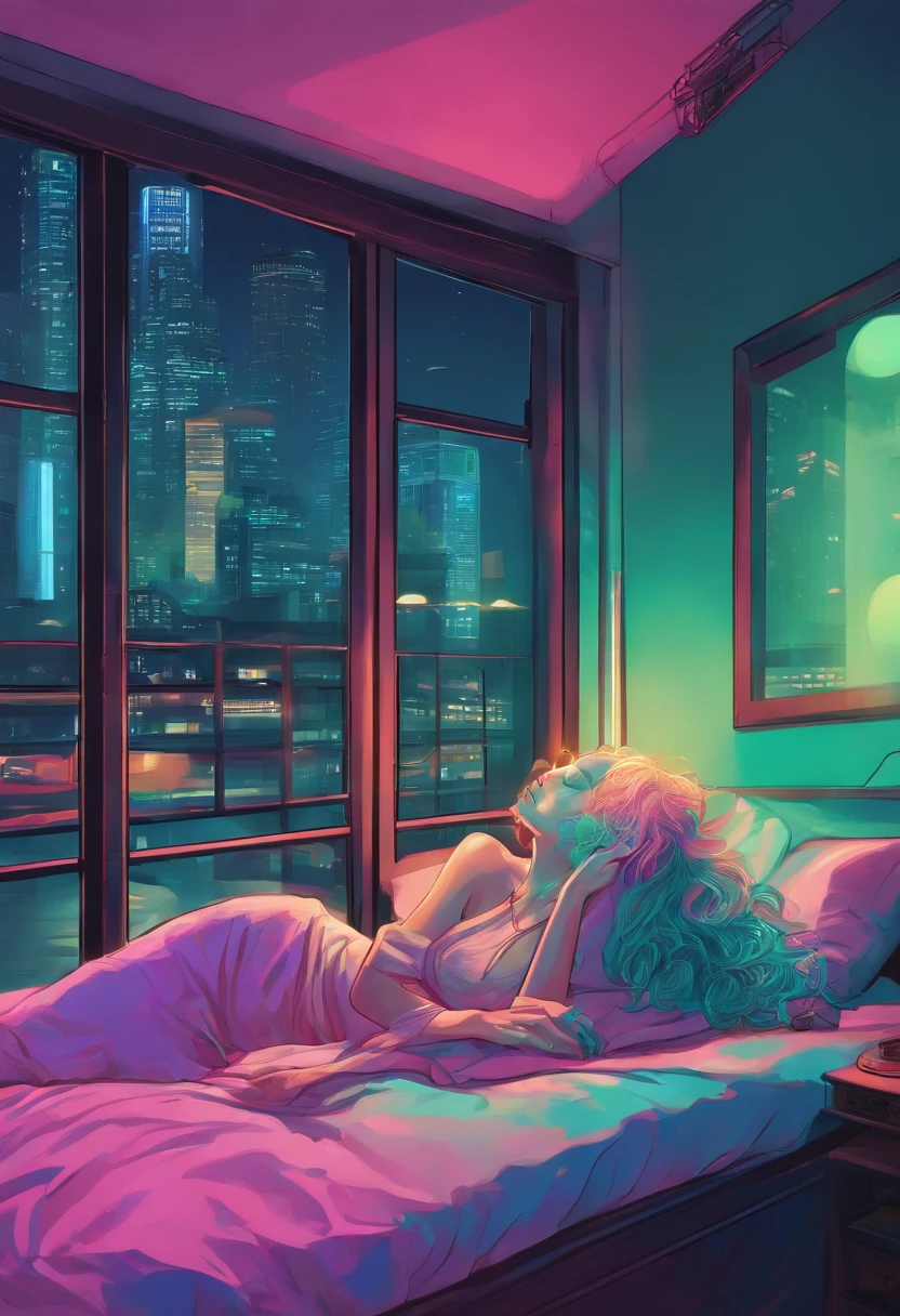 "Create an illustration of a woman relaxing in bed. She has long turquoise hair. Outside the window, You can see the neon streets of Tokyo, And neon lights are pouring in through the windows. The style is、Should be inspired by anime with 80s city pop vibe. She should be eccentric, Charismatic personality, Dreamy aura, And the feeling of floating. Thinking about 80s pop fashion, City Pop, Backlight Style, and neon lights."