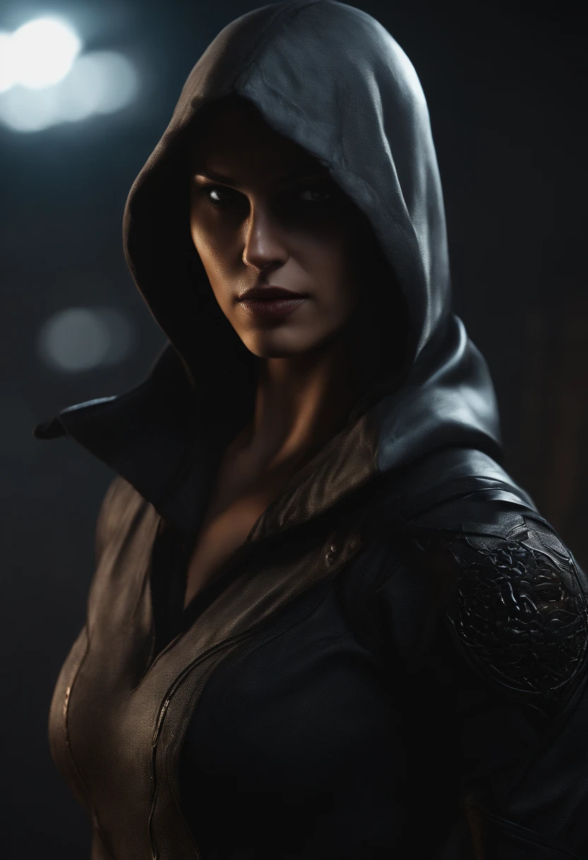 Cinematic, free space above head, stunning head-only images of Dare-Devil inspired by Assassin (assassin hood on head), hood covering part of head 16K resolution, looking at camera, (glowing eyes and shadowy) sharp teeth (pointy teeth) with Resident Evil zombie dark and scary image background rendering quality Unreal Engine-5, octane rendering, UHD, HDR, highly detailed art, 3D rendering, DSLR image quality,