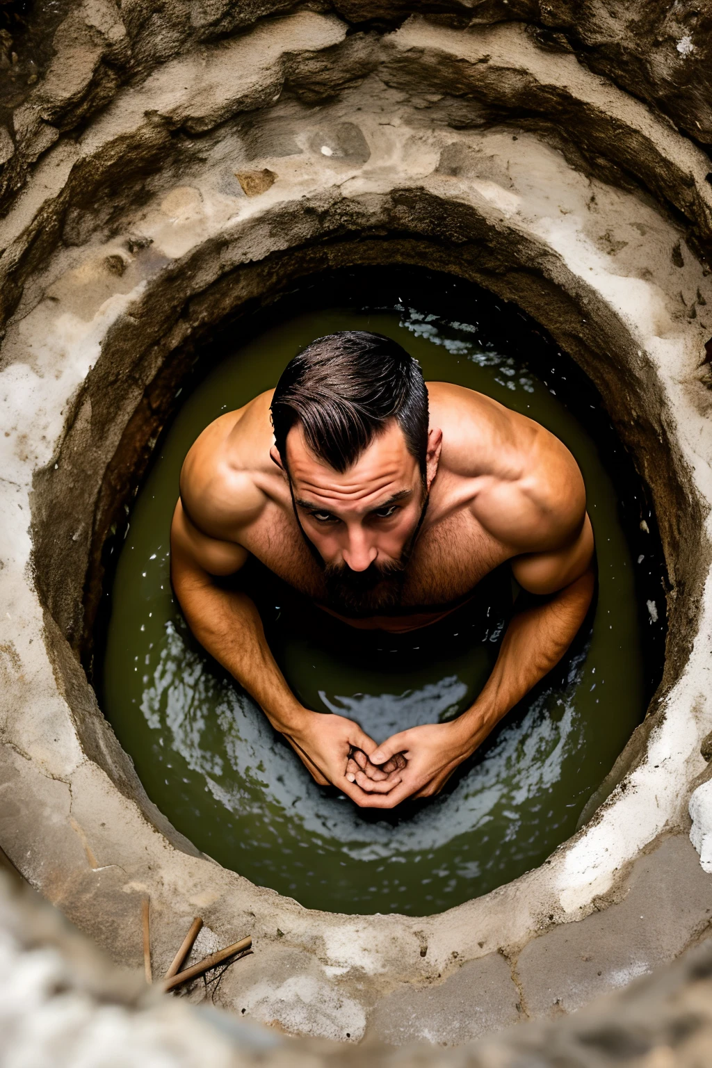 a man in a hole with his hands on his chest, Raphael Personnaz, alessio albi, real life photo of a syrian man, rastejando em um cano de esgoto molhado, Sean Yoro, inspirado em Steve McCurry, 1614572159, Daniel Dociu, zac retz, dirty water, bathing inside the tar pit