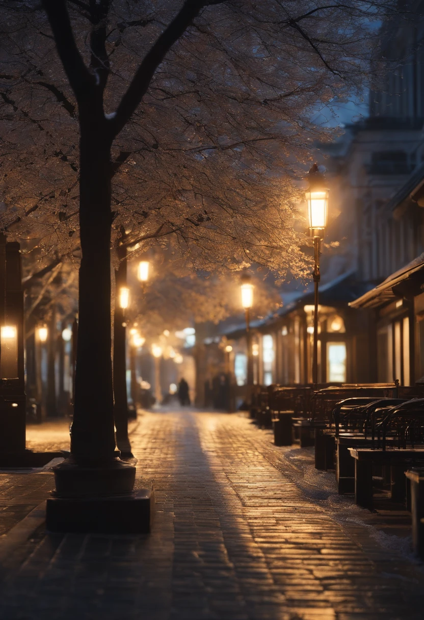 (sem pessoas), unattended, no one, Landscape, inverno, Natal, cidade, tokyolagii, sidewalk, neve, Ilumine-se, Noite, Detalhe HD, ultra detalhe, Film, hiper realismo, luz suave, Foco Profundo Bokeh, ray tracing, pixivgwise Art Station, Makoto Shinkai, germe da arte