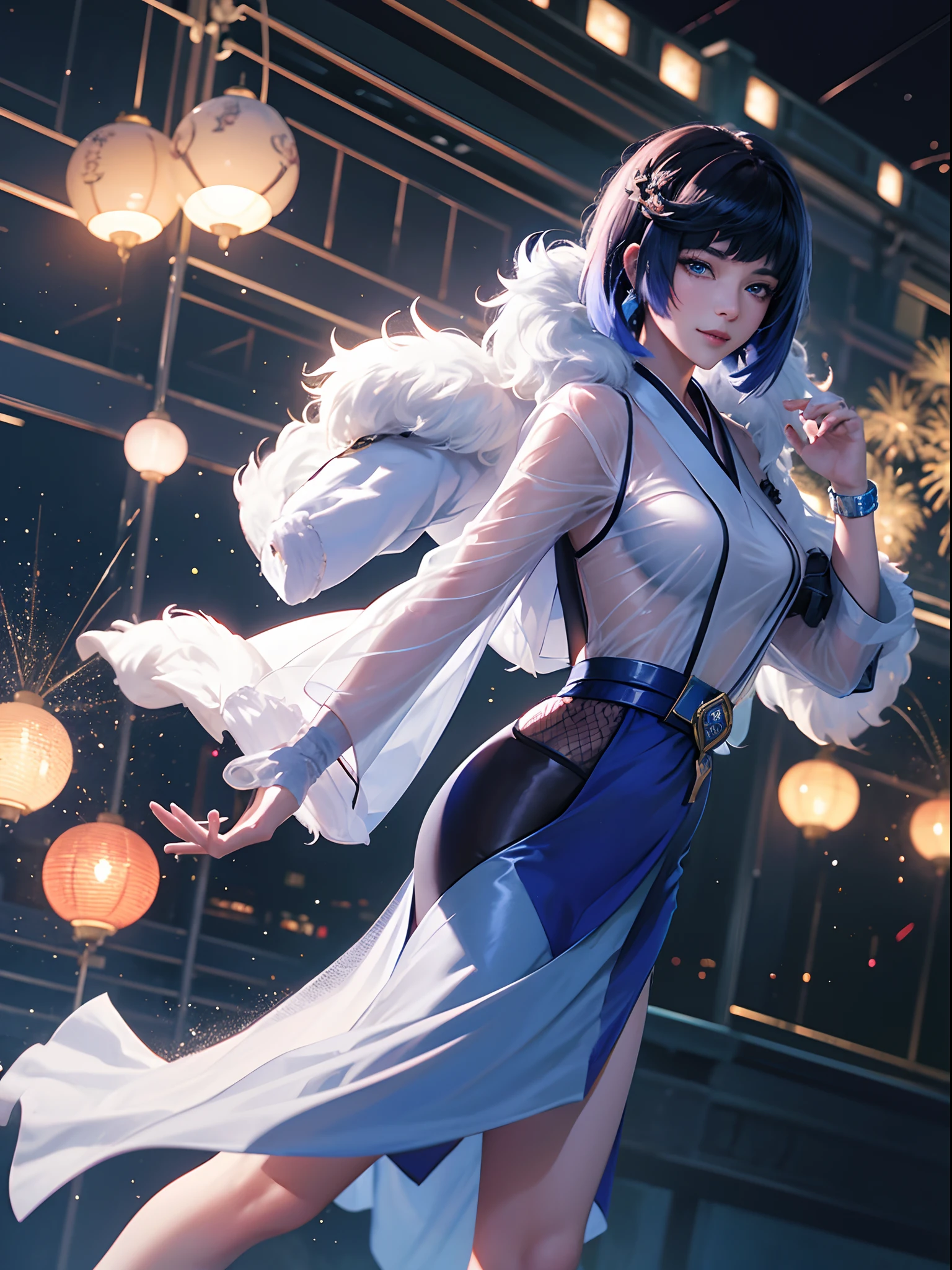 Yelan(genshin impact), wearing a yukata,((transparent)), extremely detailed, masterpiece, realistic anime, 4k, hd wallpaper, blue eyes, smiling, standing, stalls, night sky fireworks, 19 year old girl