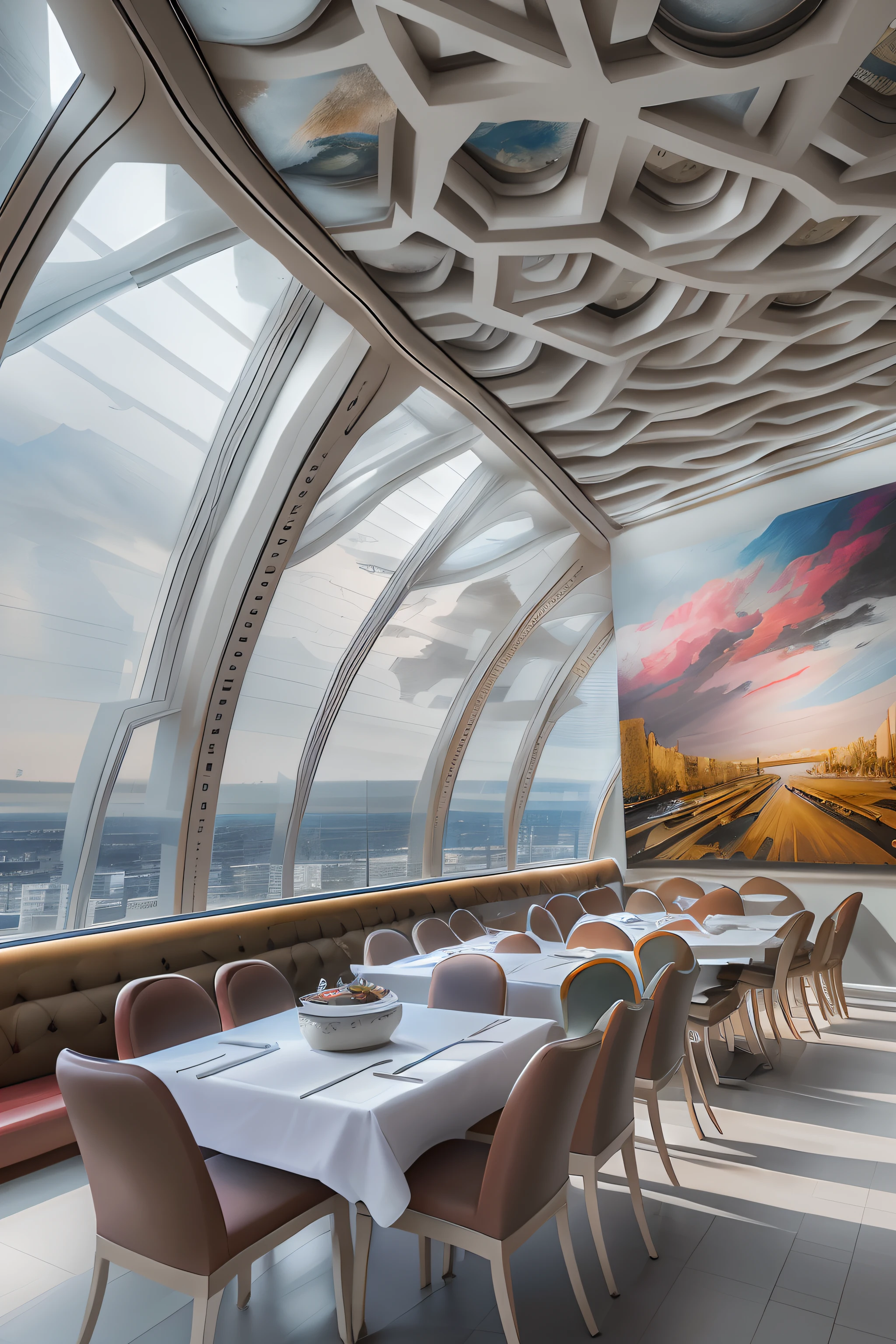 dining room，There is a wall in the middle of the restaurant,The painting on the wall is in the middle, Paintings on the walls, skyscape, Large airy windows, Zaha Hadid and Santiago Calatrava landscape panoramic style, Fish, Clear light, Edge lighting, Perfect image, Building summary style, 16k UE5. superfine, 8K, hdr, Product photography, Depth of field, Nikon D850, Ultra-realistic, no contrast, clean sharp focus, professional, No blurring