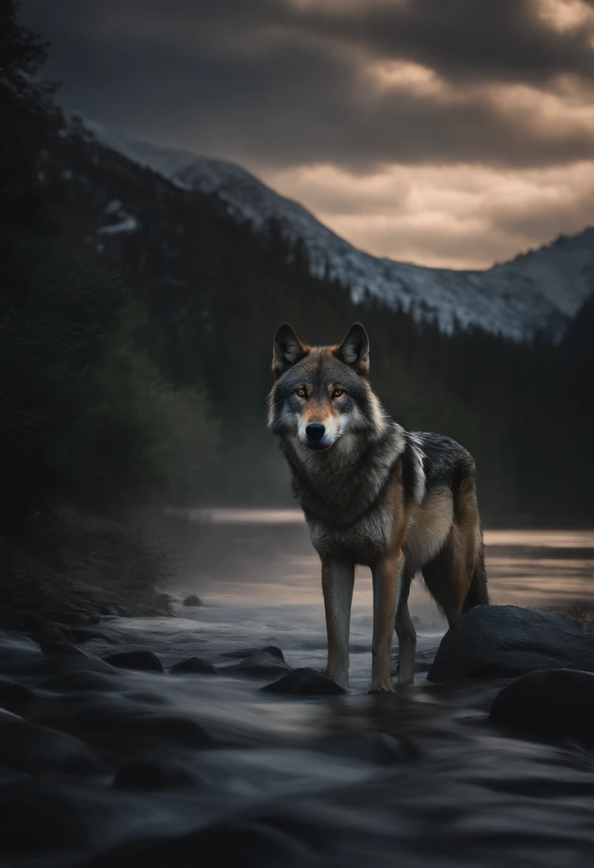 Wolf God, surreal, tense, cold, highly detailed, sharp, professional, 8k UHD, movie, dark, violent, outdoor, river, battle, chase, dramatic, vivid, tense atmosphere, rendering, epic, twilight, HDR, album cover, blizzard, lightning, disaster