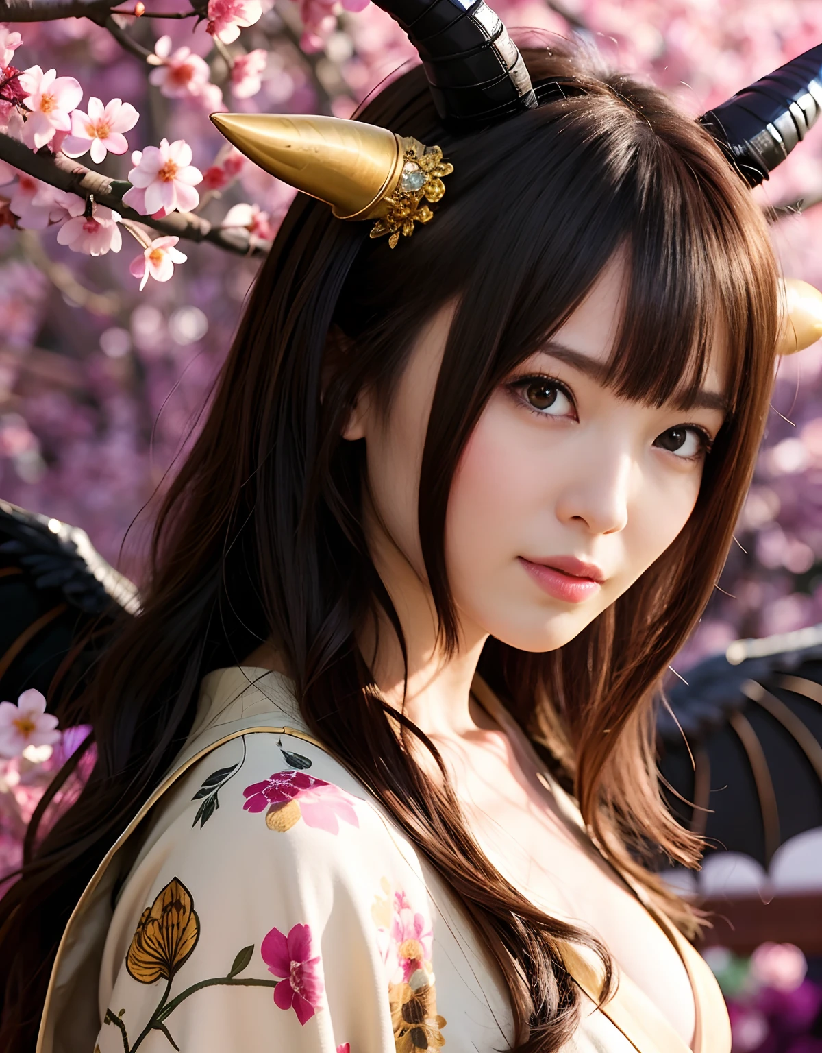 ((World of Darkness)),Professional , masterpiece、top-quality、photos realistic , depth of fields 、(sexypose)、Oiran hairstyle、Maiko's hairstyle、(White maple on full bloom background),(Ultimate Beauty)、A dark-haired、(shrine background)、(Kimono with beautiful pattern)、(Night background)、Beautiful hair ornament on the head、((Precipitous cliffs)),(Wear a beautiful kimono),(Wear a beautiful kimono with colorful floral patterns)、Jewel Gold Weapon、Particles of light),(Wearing a wizard's hat)、Gorgeous gold weapons ,Castle background、(( Gorgeous Dragon Sword)) , (a dark night),,(maikurobikini) 、((Black Haired Beautiful Girl))、(Castle background)、(demonic wings)、((Gangle's forest background))、Beautiful Caucasian beauty、1a person、dynamic ungle,(((Two devil's horns on the head)))、Smaller head、Idle Smile、Thin and beautiful female hands、Mystical expression、Light Effects、intense fighting、Wind-effect、magic circles、With the legendary magic wand、Dragon's tail、Full Body Angle、