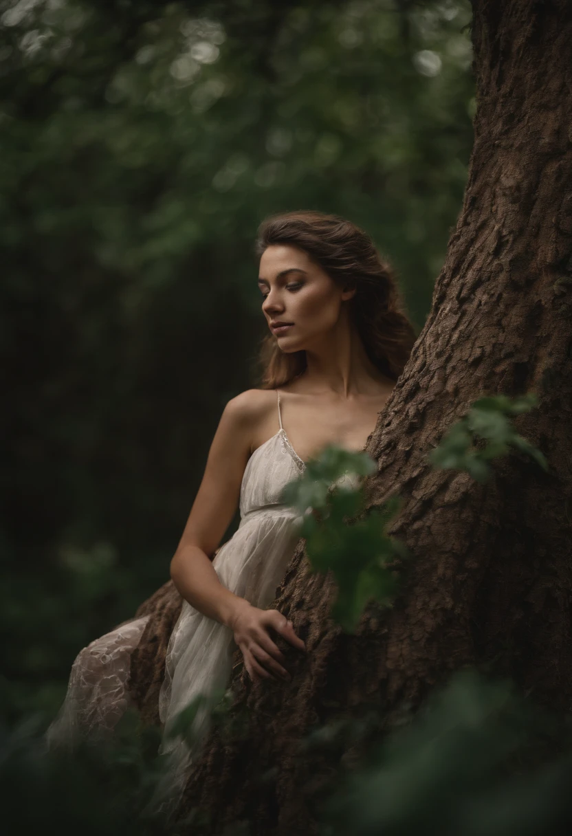 Realistic close-up photography, Arbomorph An embrace of the woman's body turned into a leafy tree, with roots as legs, ramas como brazos, Algunas hojas vuelan sobre un fondo blanco,