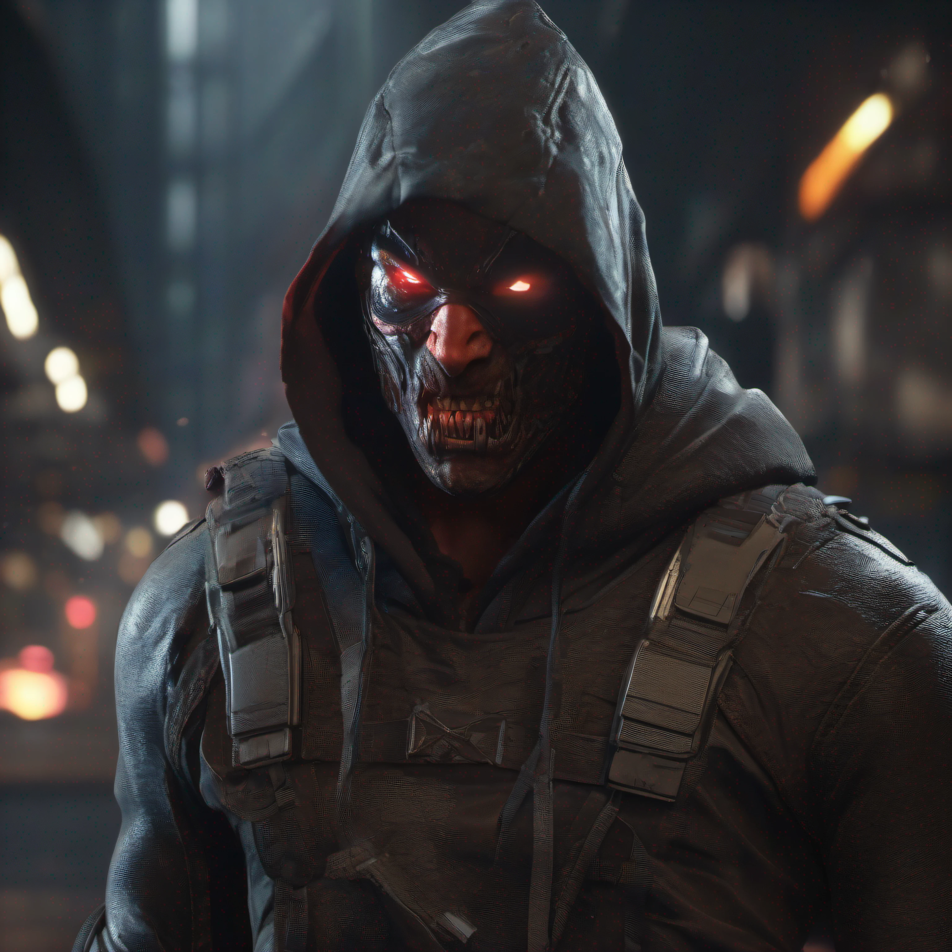 Cinematic, free space above head, stunning head-only images of Dare-Devil inspired by Assassin (assassin hood on head), hood covering part of head 16K resolution, looking at camera, (glowing eyes and shadowy) sharp teeth (pointy teeth) zombie-inspired face dark and scary background rendering quality Unreal Engine-5, octane rendering, UHD, HDR, highly detailed art, 3D rendering, DSLR image quality,