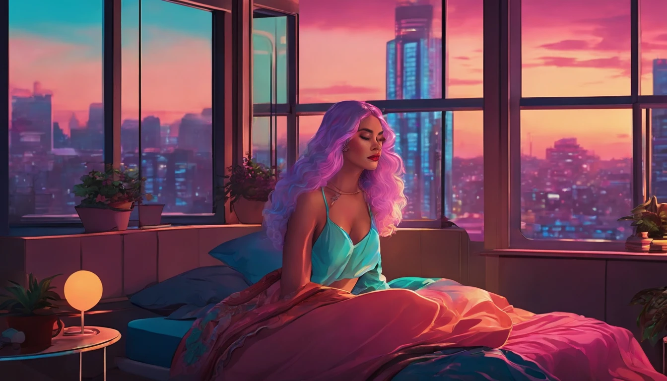 "Create an illustration of a woman relaxing on a bed. She has long turquoise-blue hair. Outside the window, you can see the neon streets of Tokyo, and neon lights are streaming in through the window. The style should be anime-inspired with an 80s city pop vibe. She should have a quirky, charismatic personality, a dreamy aura, and a sense of floating. Think 80s pop fashion, city pop, backlit style, and neon lights."